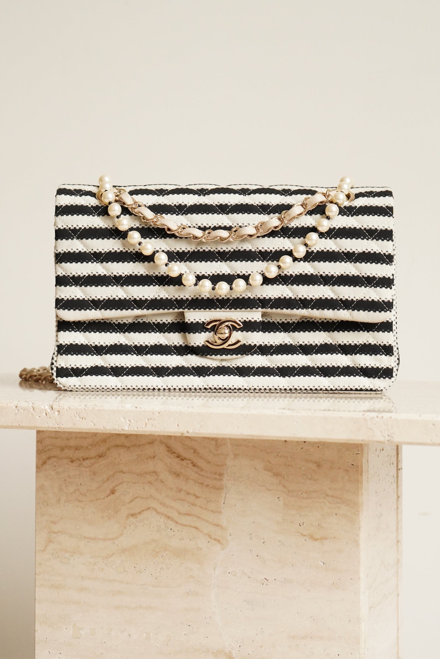 CHANEL CLASSIC COCO SAILOR MEDIUM DOUBLE FLAP | BLACK STRIPED
