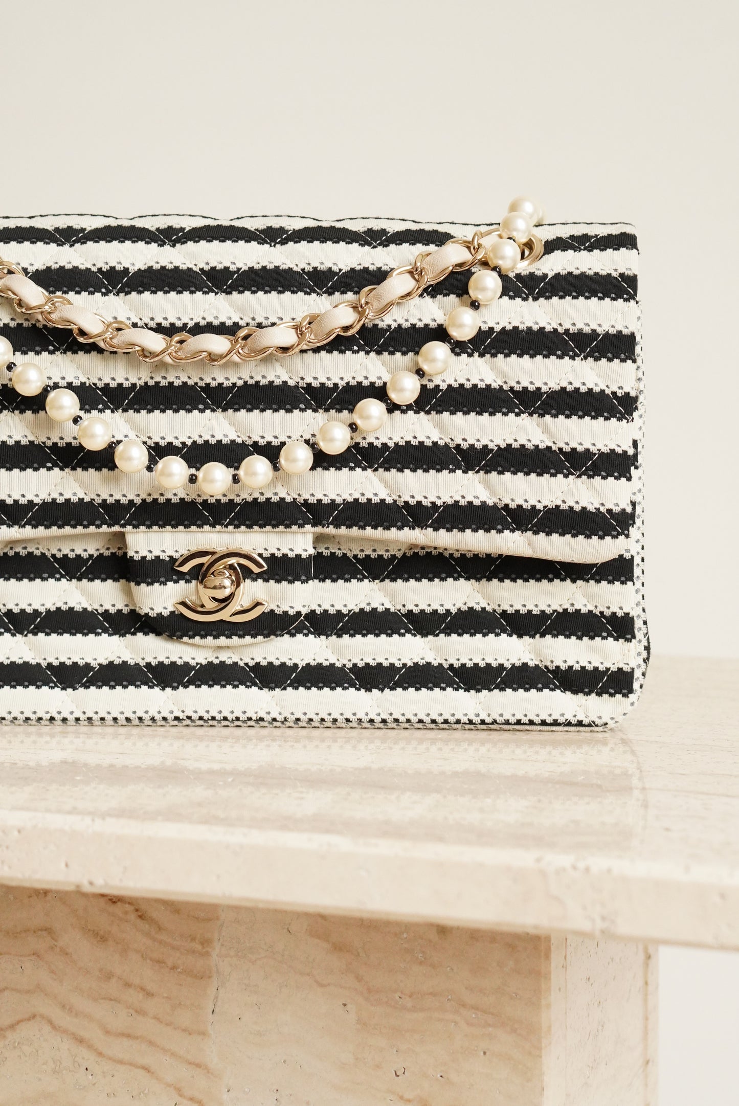 CHANEL CLASSIC COCO SAILOR MEDIUM DOUBLE FLAP | BLACK STRIPED
