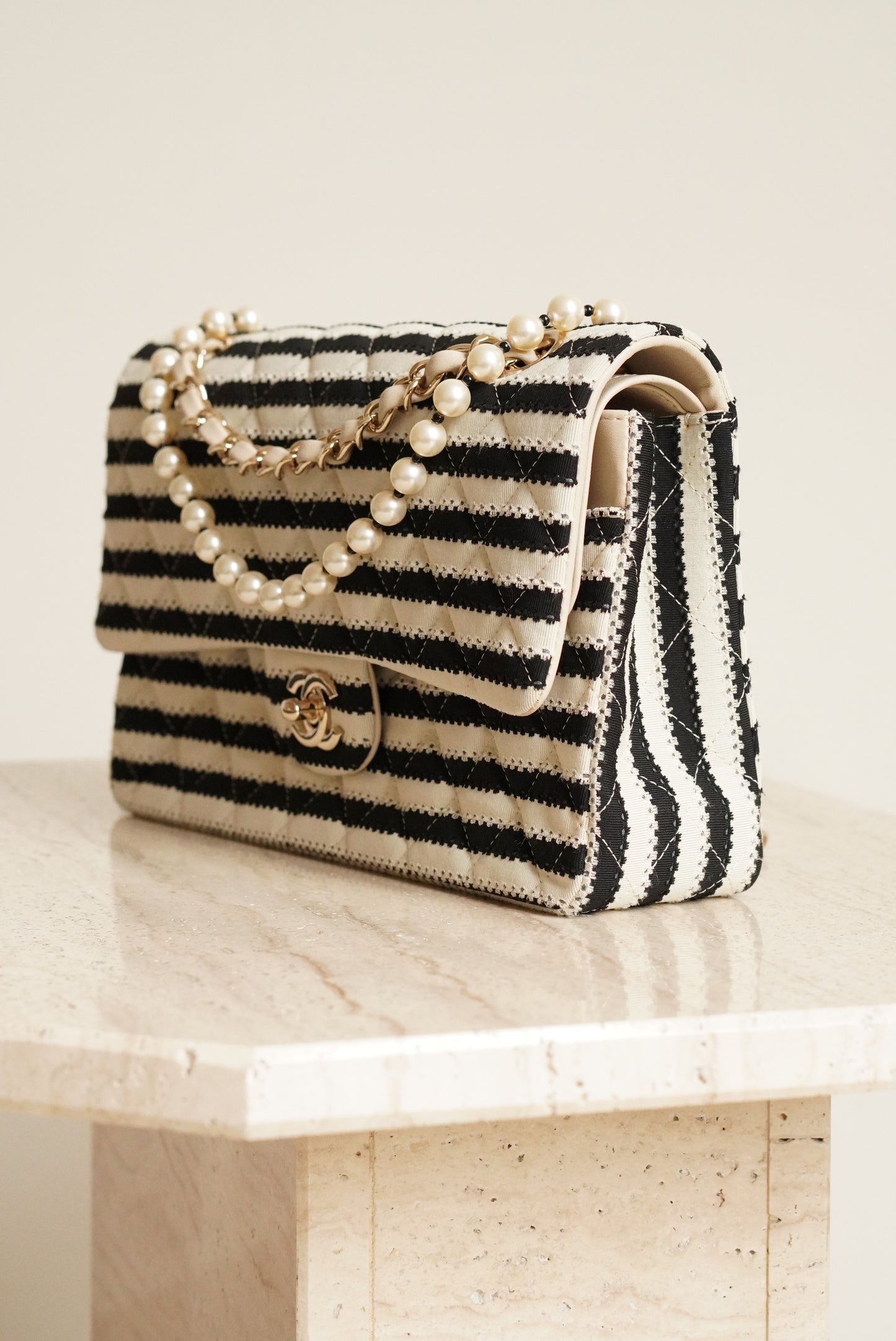 CHANEL CLASSIC COCO SAILOR MEDIUM DOUBLE FLAP | BLACK STRIPED