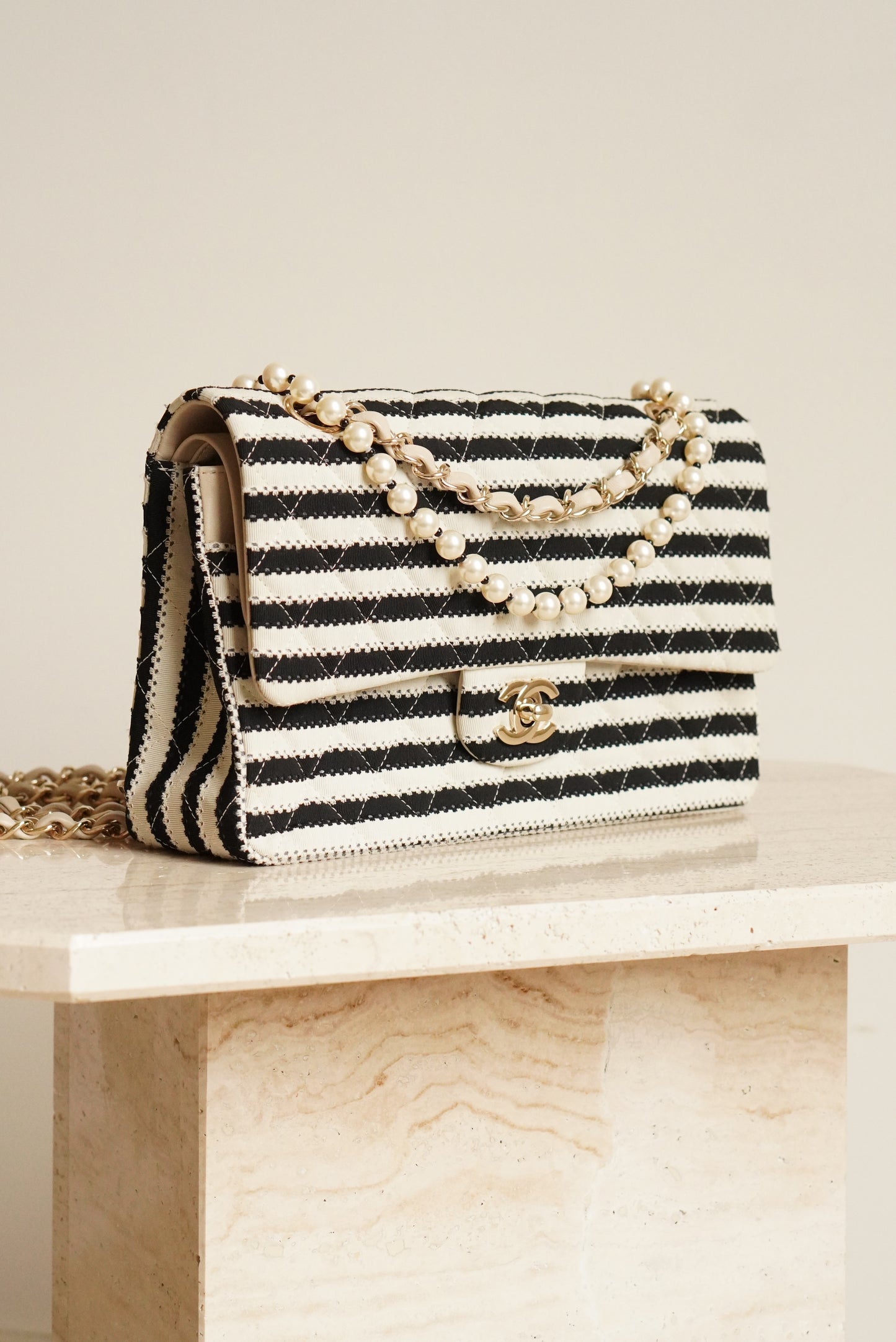 CHANEL CLASSIC COCO SAILOR MEDIUM DOUBLE FLAP | BLACK STRIPED