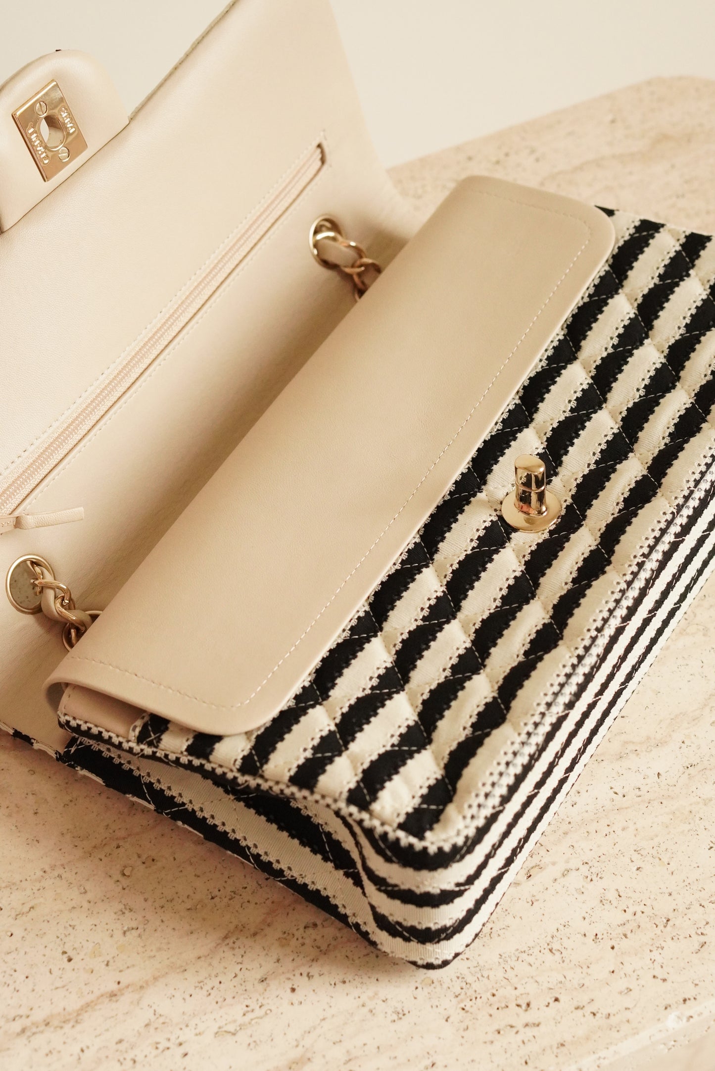 CHANEL CLASSIC COCO SAILOR MEDIUM DOUBLE FLAP | BLACK STRIPED