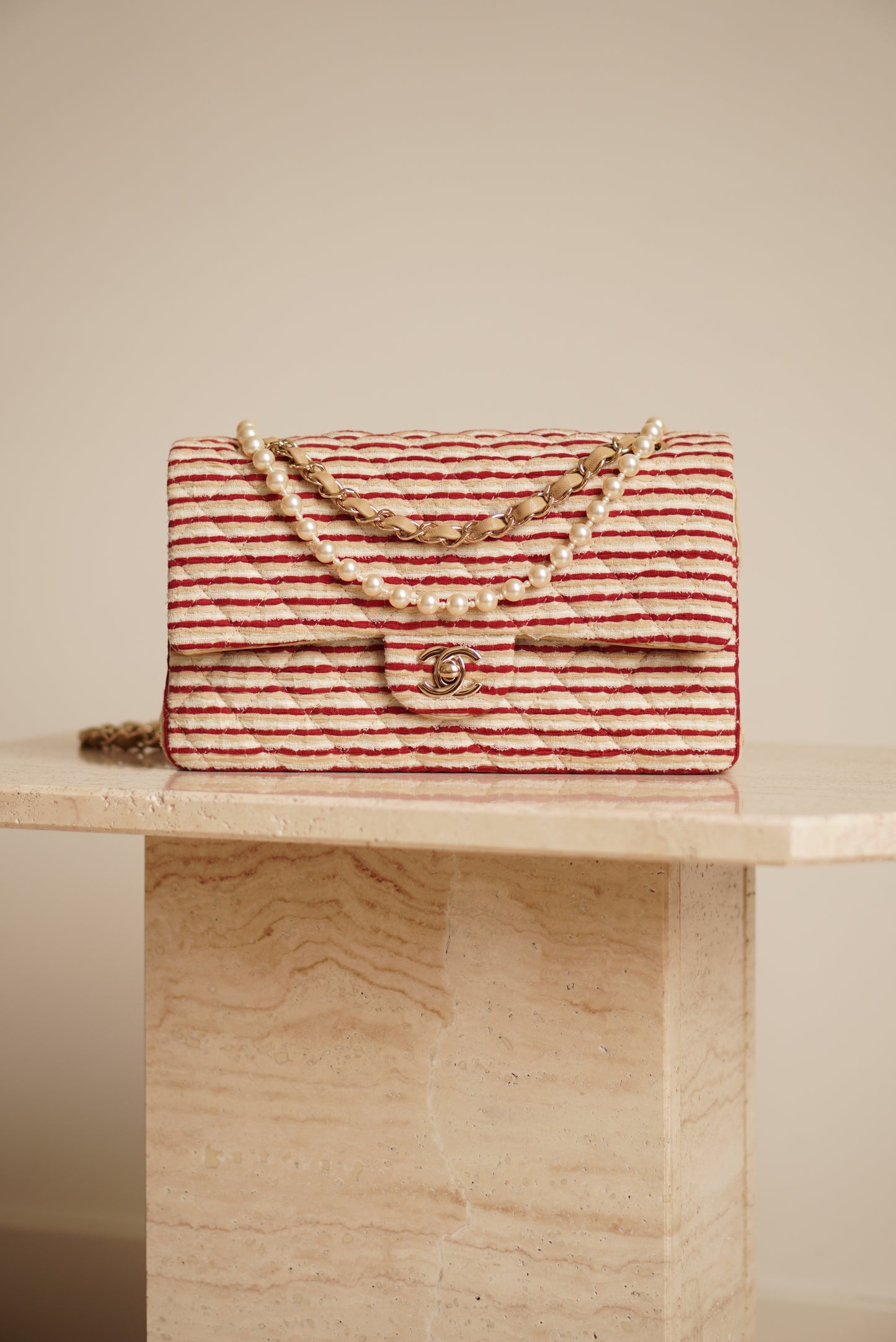 CHANEL CLASSIC COCO SAILOR MEDIUM DOUBLE FLAP | RED STRIPED