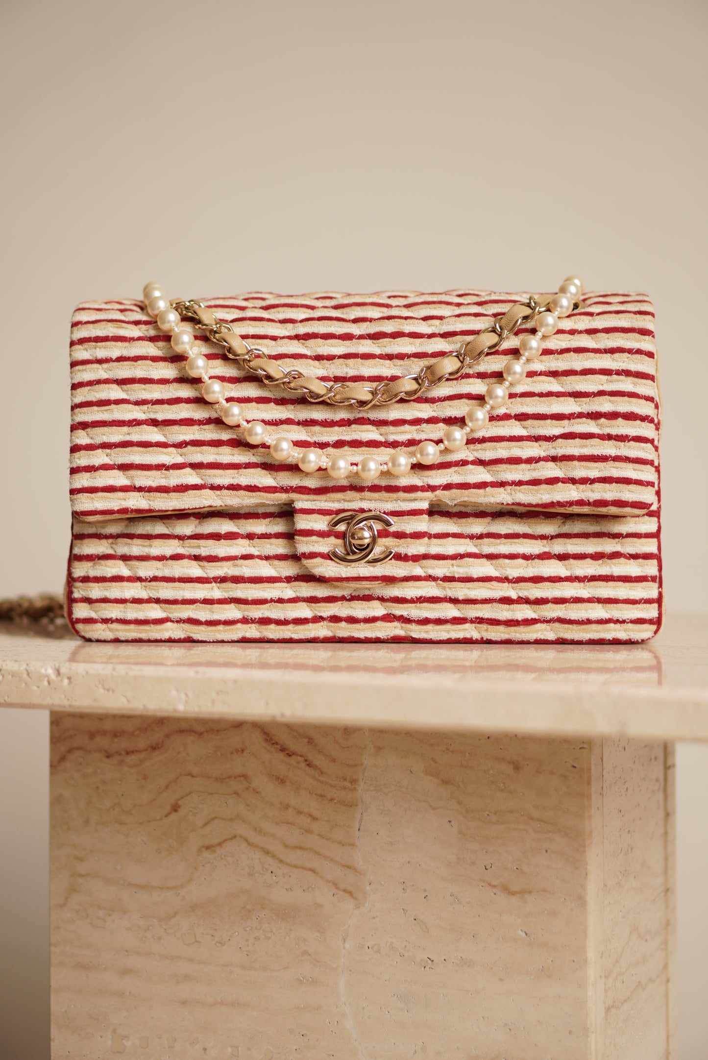 CHANEL CLASSIC COCO SAILOR MEDIUM DOUBLE FLAP | RED STRIPED