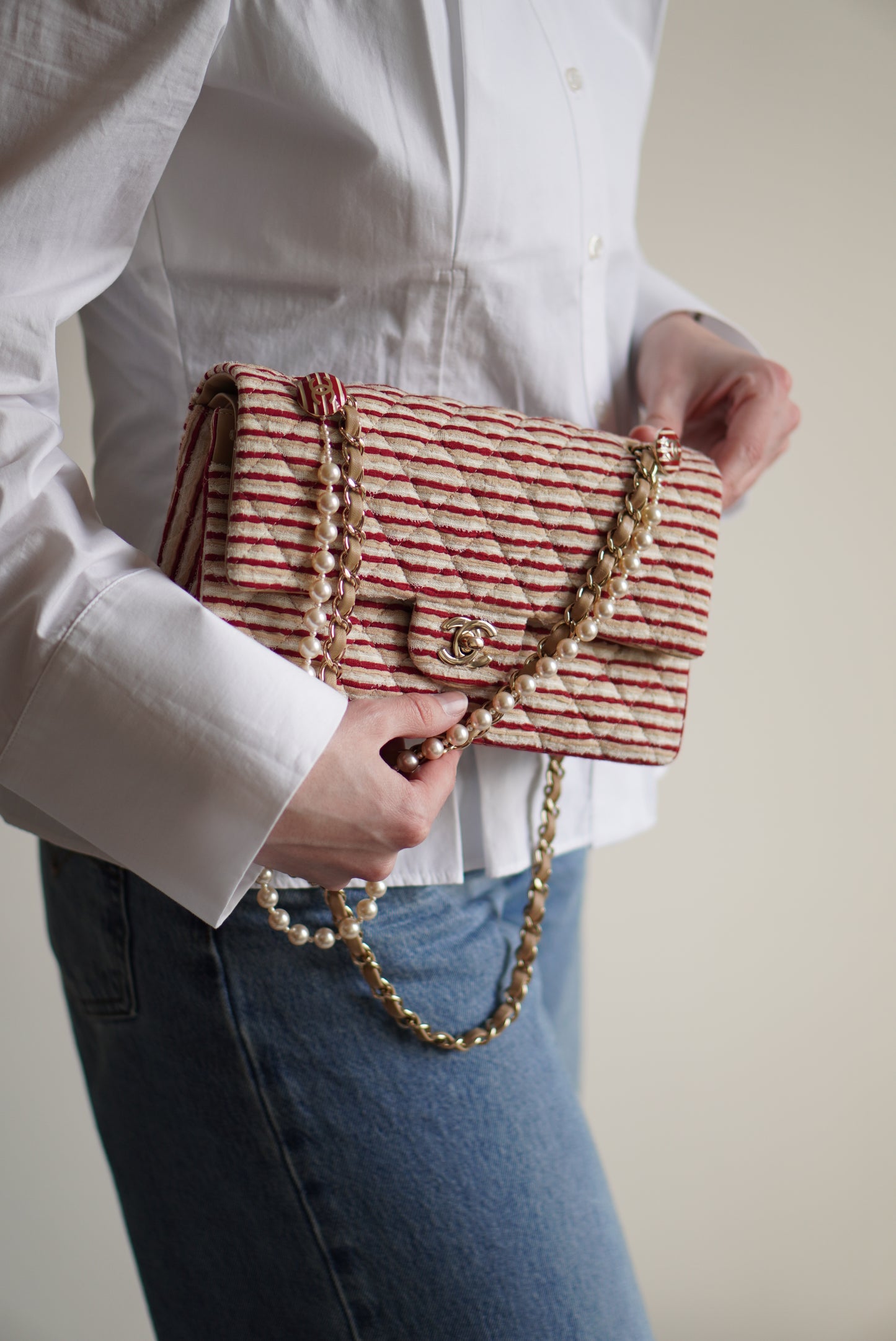 CHANEL CLASSIC COCO SAILOR MEDIUM DOUBLE FLAP | RED STRIPED