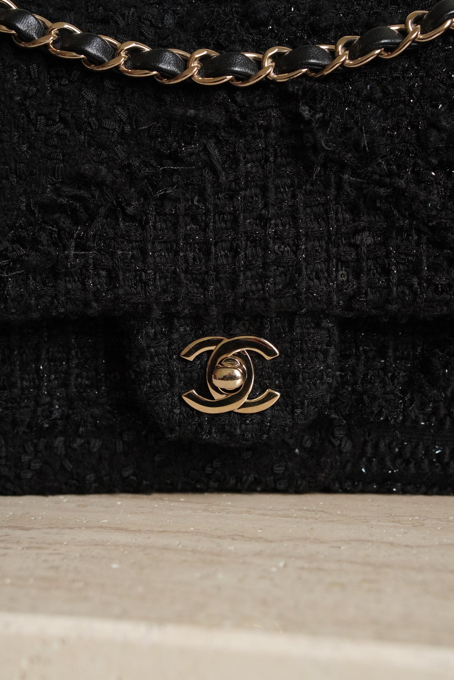 CHANEL CLASSIC MEDIUM DOUBLE FLAP | BLACK TWEED PATCHWORK