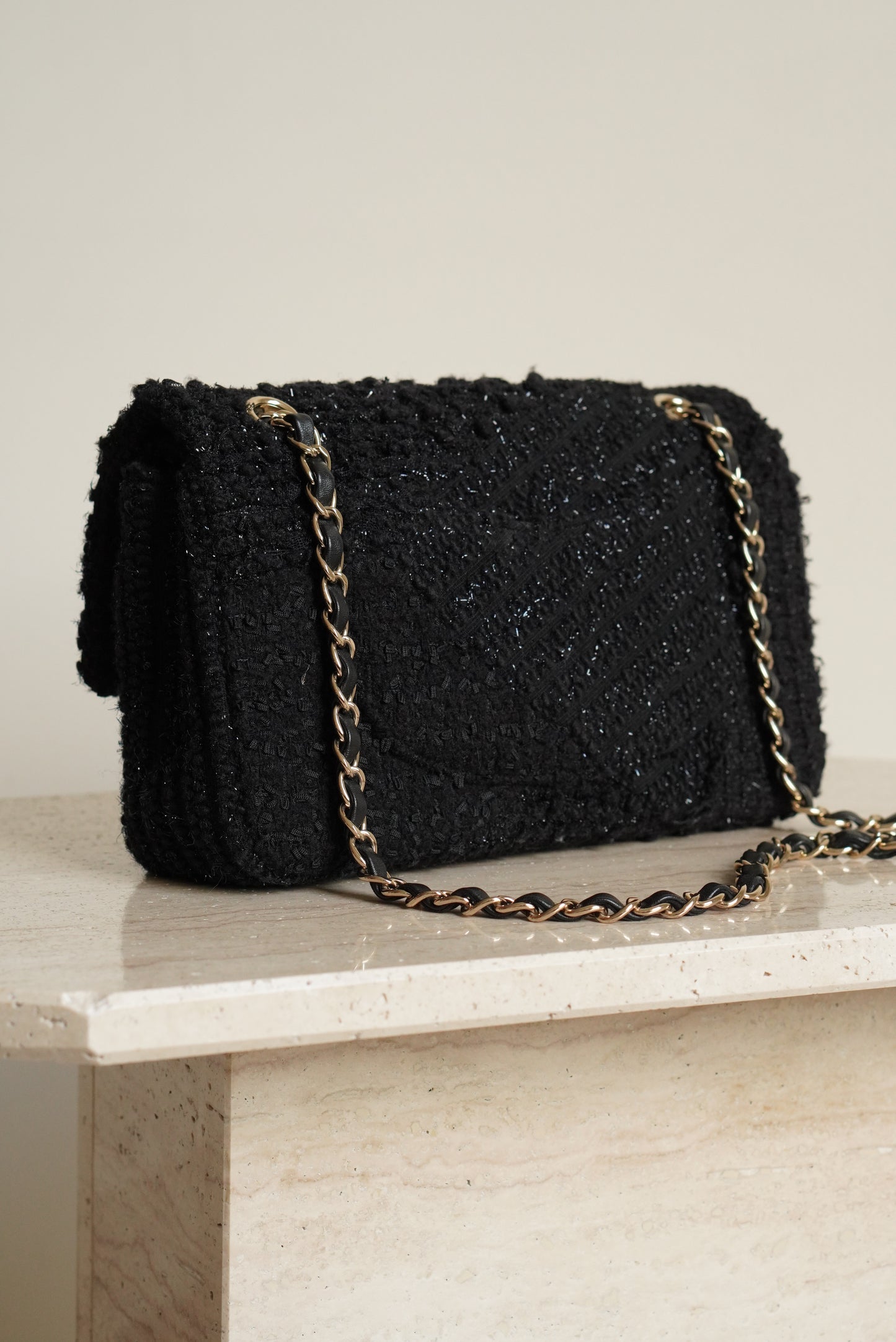 CHANEL CLASSIC MEDIUM DOUBLE FLAP | BLACK TWEED PATCHWORK