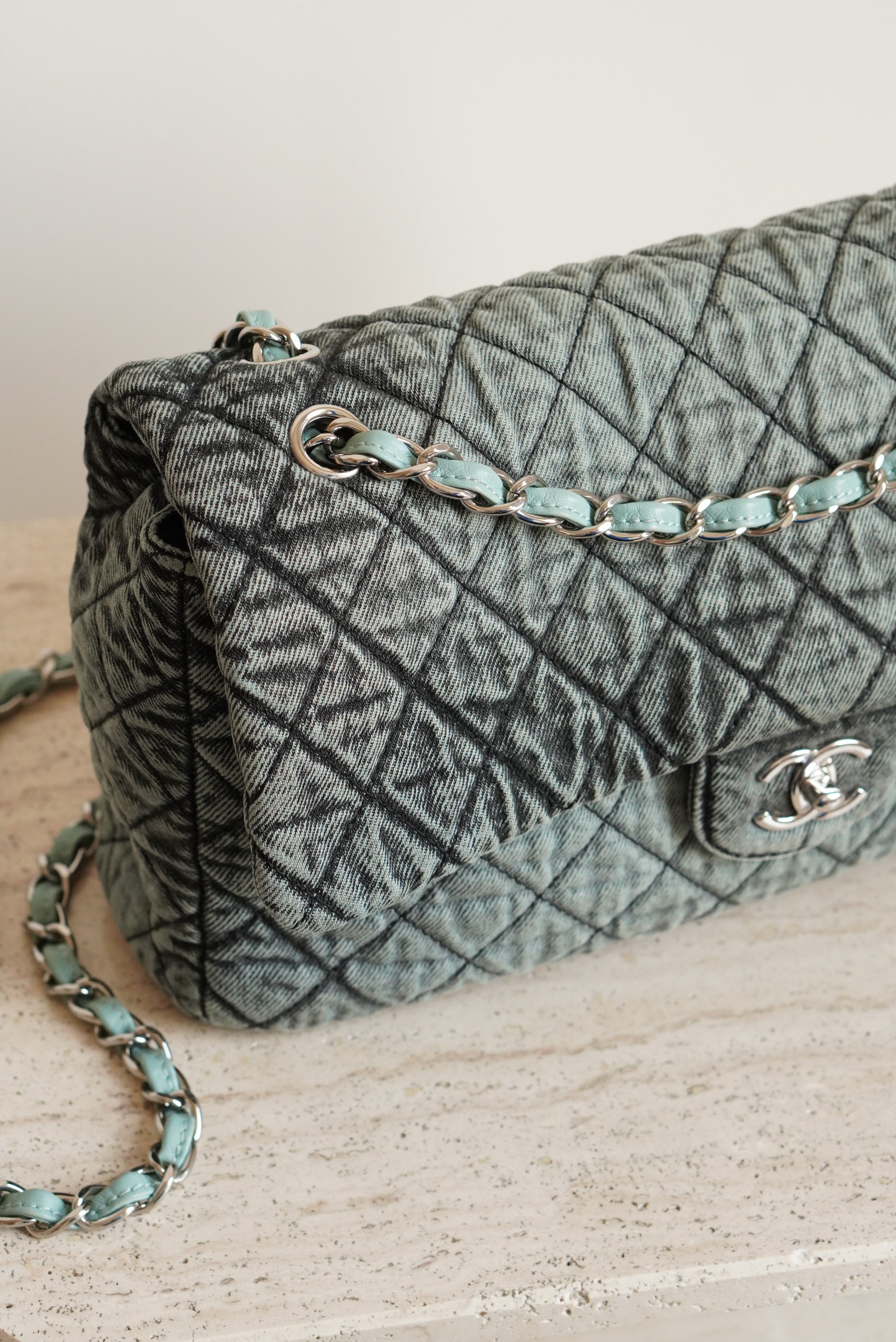 CHANEL 20C JUMBO SINGLE FLAP DENIMPRESSION | TEAL