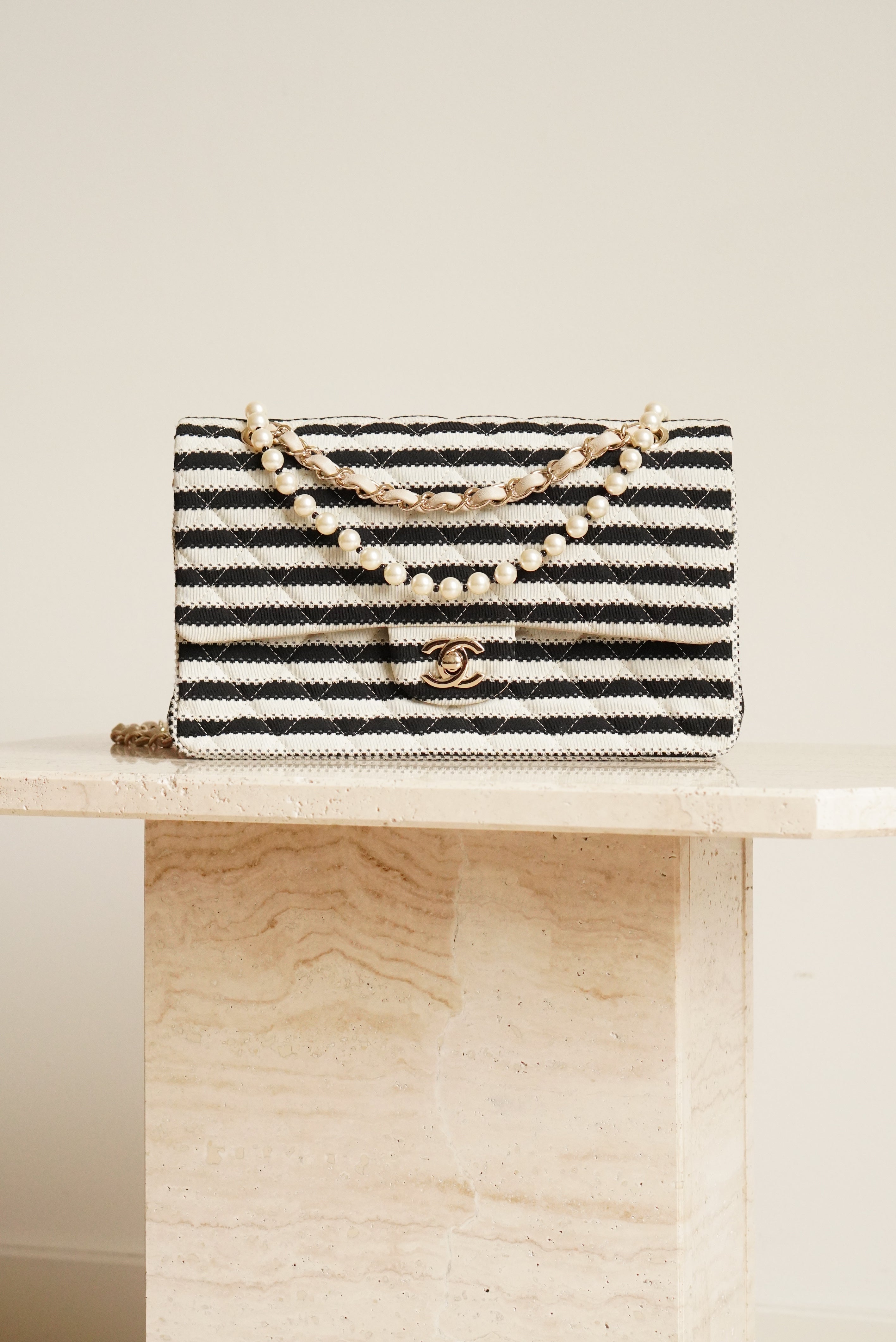 CHANEL CLASSIC COCO SAILOR MEDIUM DOUBLE FLAP | BLACK STRIPED