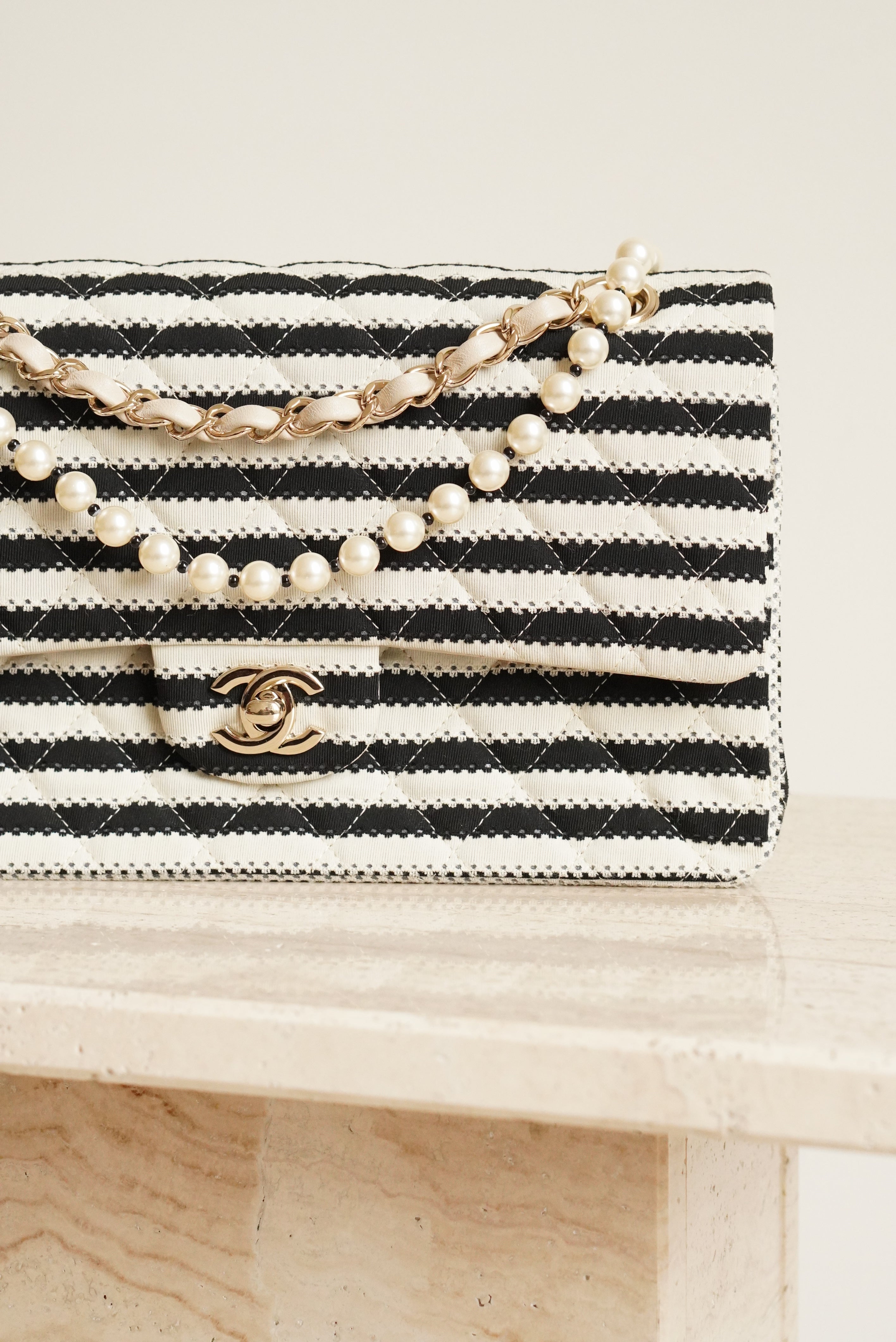 CHANEL CLASSIC COCO SAILOR MEDIUM DOUBLE FLAP | BLACK STRIPED