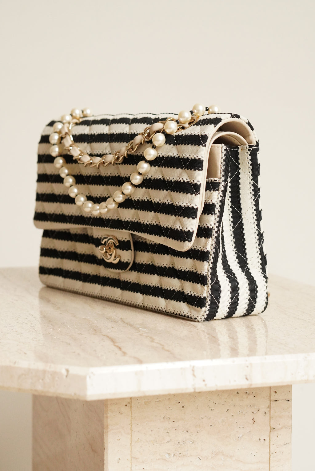 CHANEL CLASSIC COCO SAILOR MEDIUM DOUBLE FLAP | BLACK STRIPED