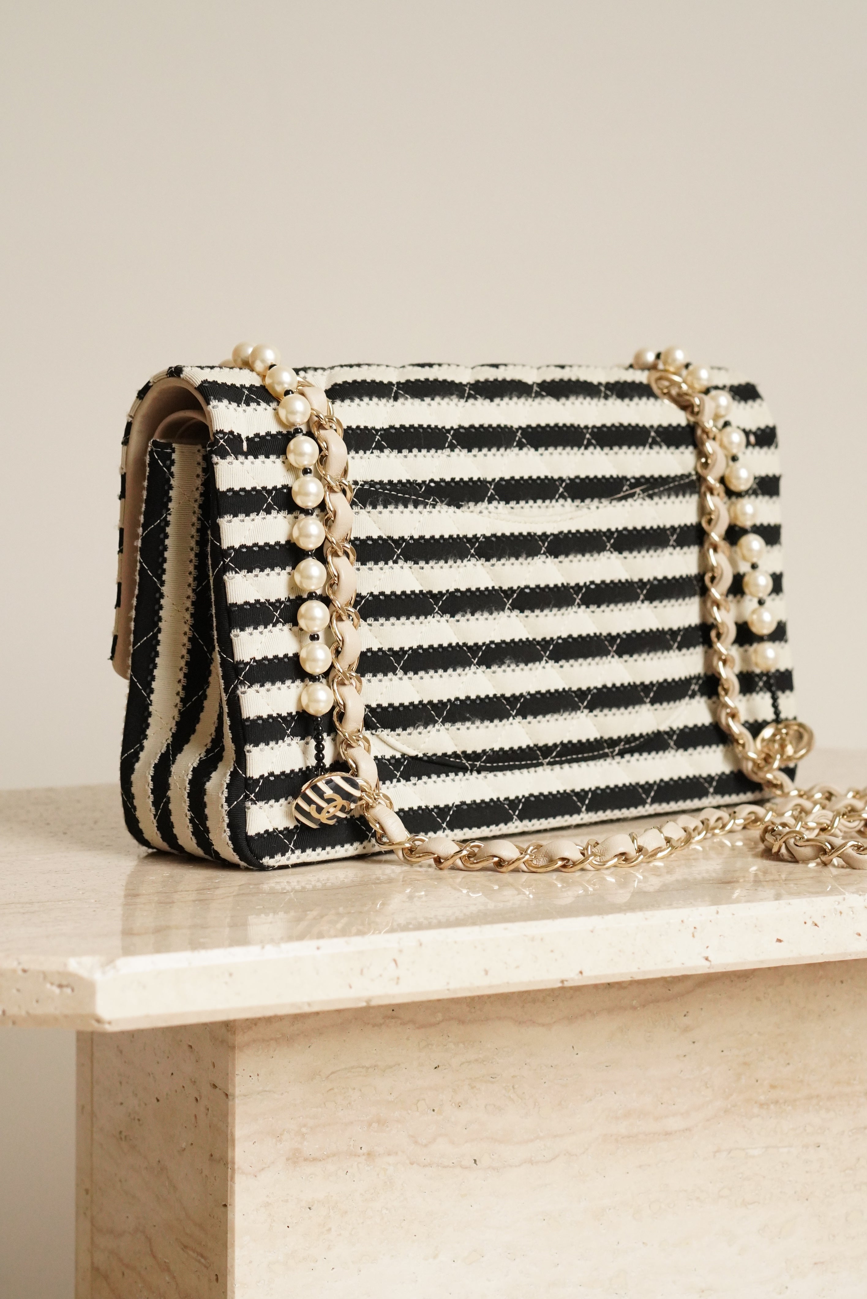 CHANEL CLASSIC COCO SAILOR MEDIUM DOUBLE FLAP | BLACK STRIPED