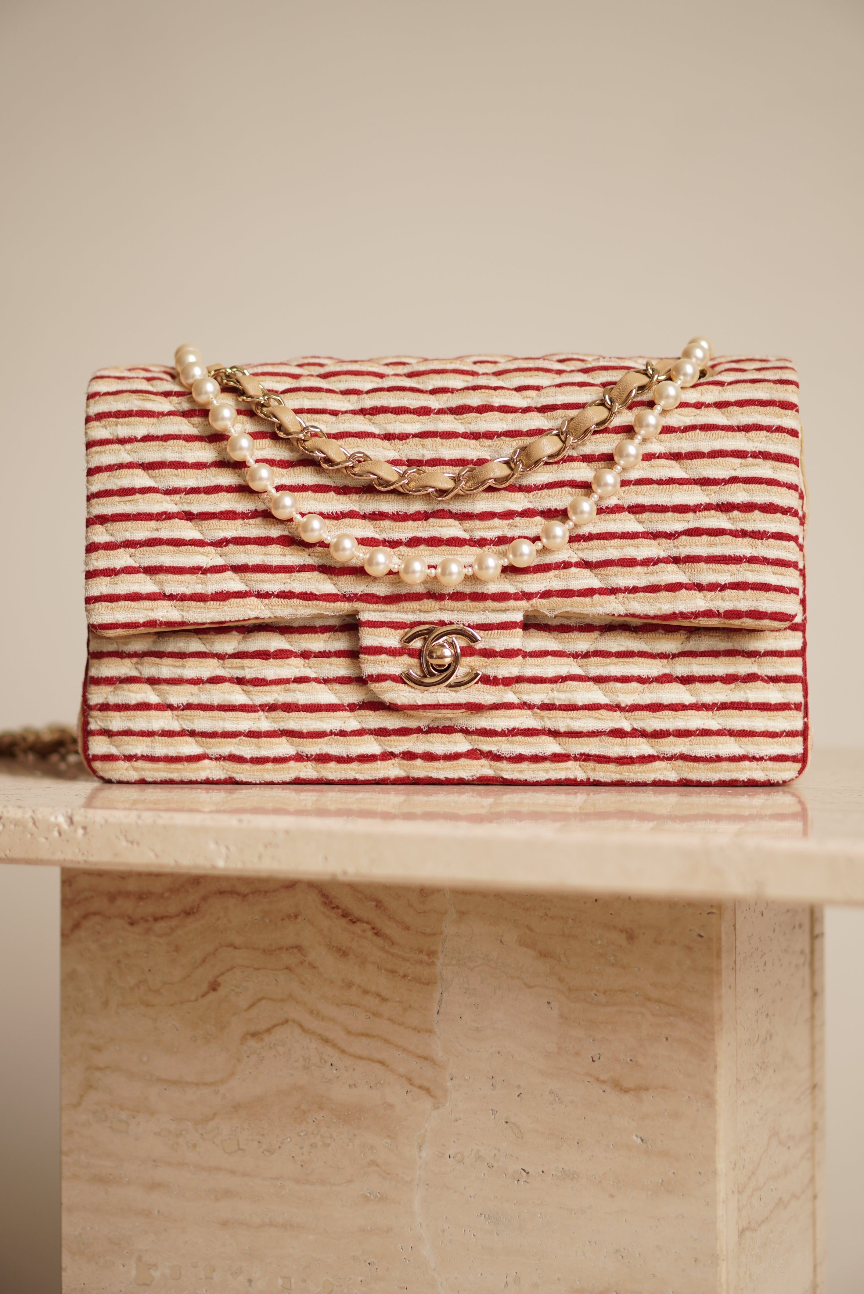 CHANEL CLASSIC COCO SAILOR MEDIUM DOUBLE FLAP | RED STRIPED