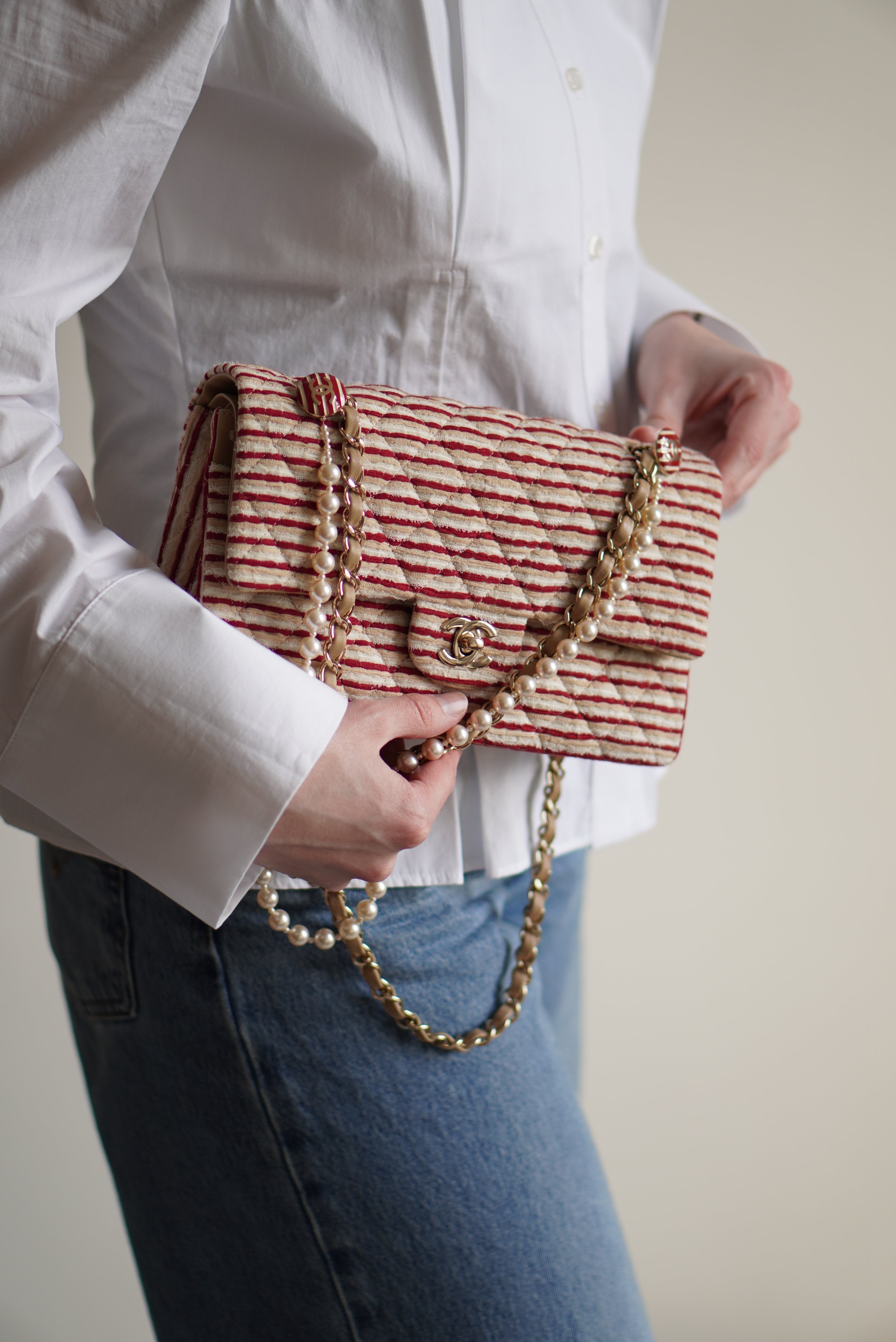 CHANEL CLASSIC COCO SAILOR MEDIUM DOUBLE FLAP | RED STRIPED