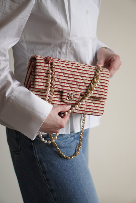 CHANEL CLASSIC COCO SAILOR MEDIUM DOUBLE FLAP | RED STRIPED