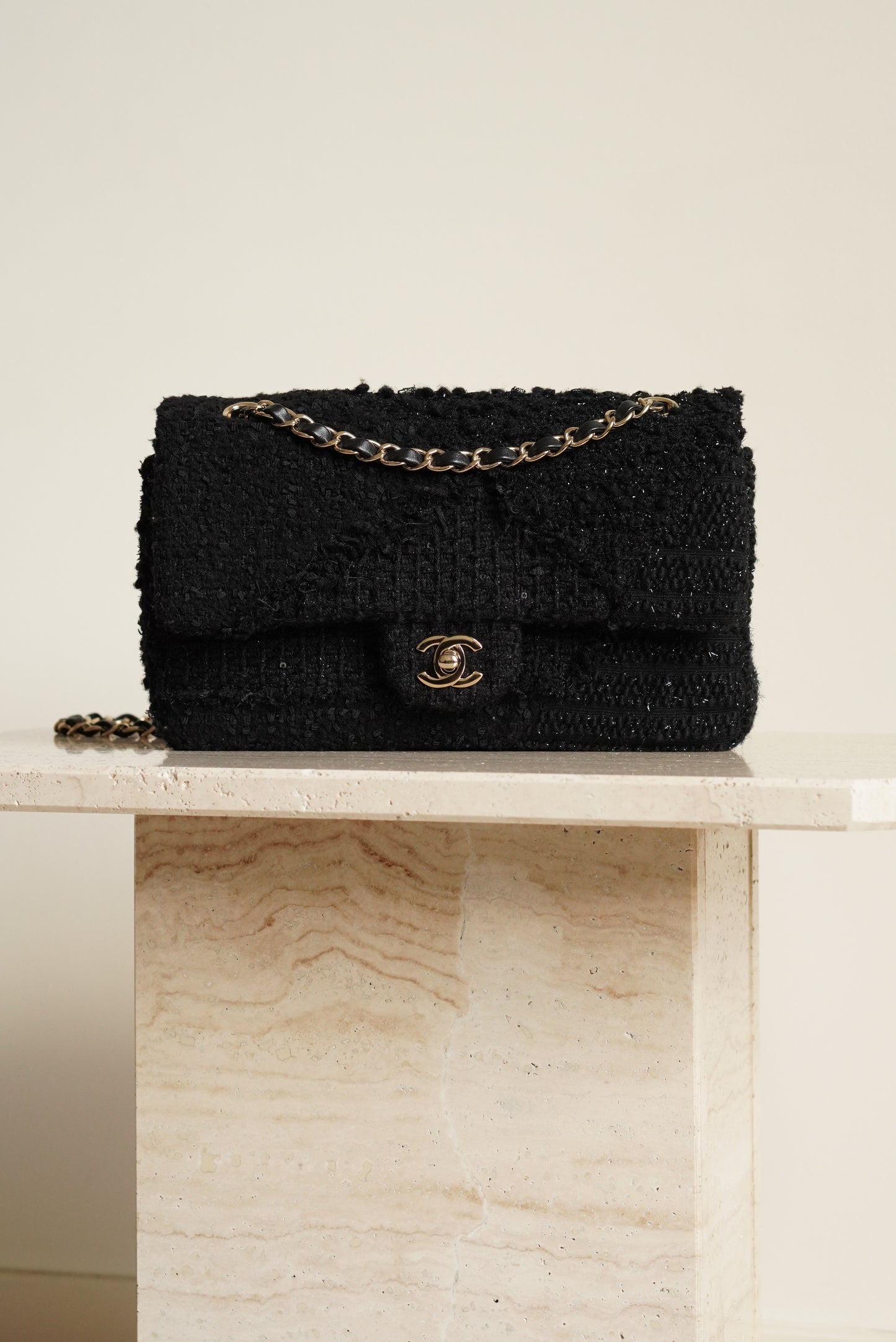 CHANEL CLASSIC MEDIUM DOUBLE FLAP | BLACK TWEED PATCHWORK