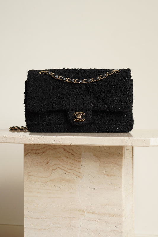 CHANEL CLASSIC MEDIUM DOUBLE FLAP | BLACK TWEED PATCHWORK