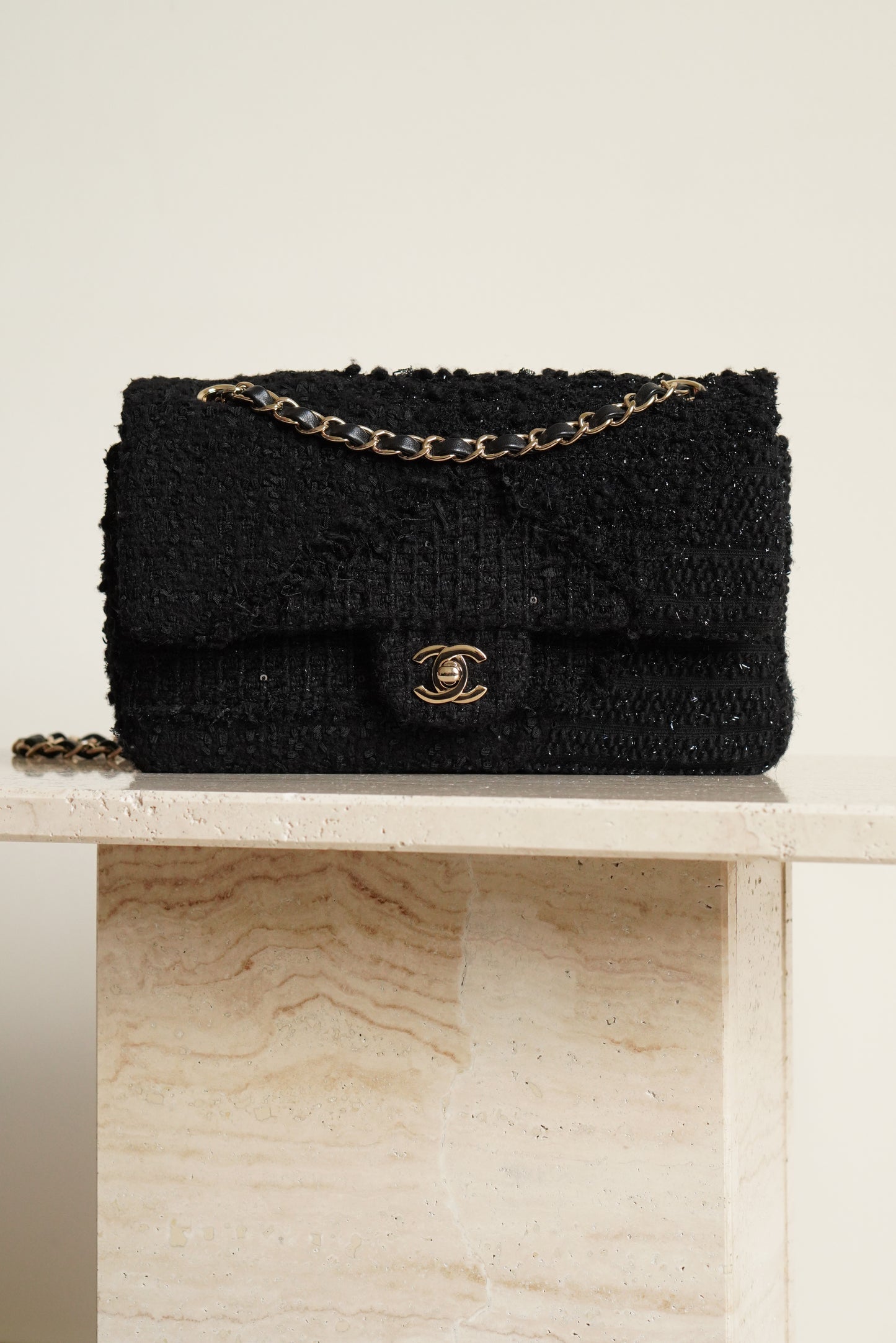 CHANEL CLASSIC MEDIUM DOUBLE FLAP | BLACK TWEED PATCHWORK