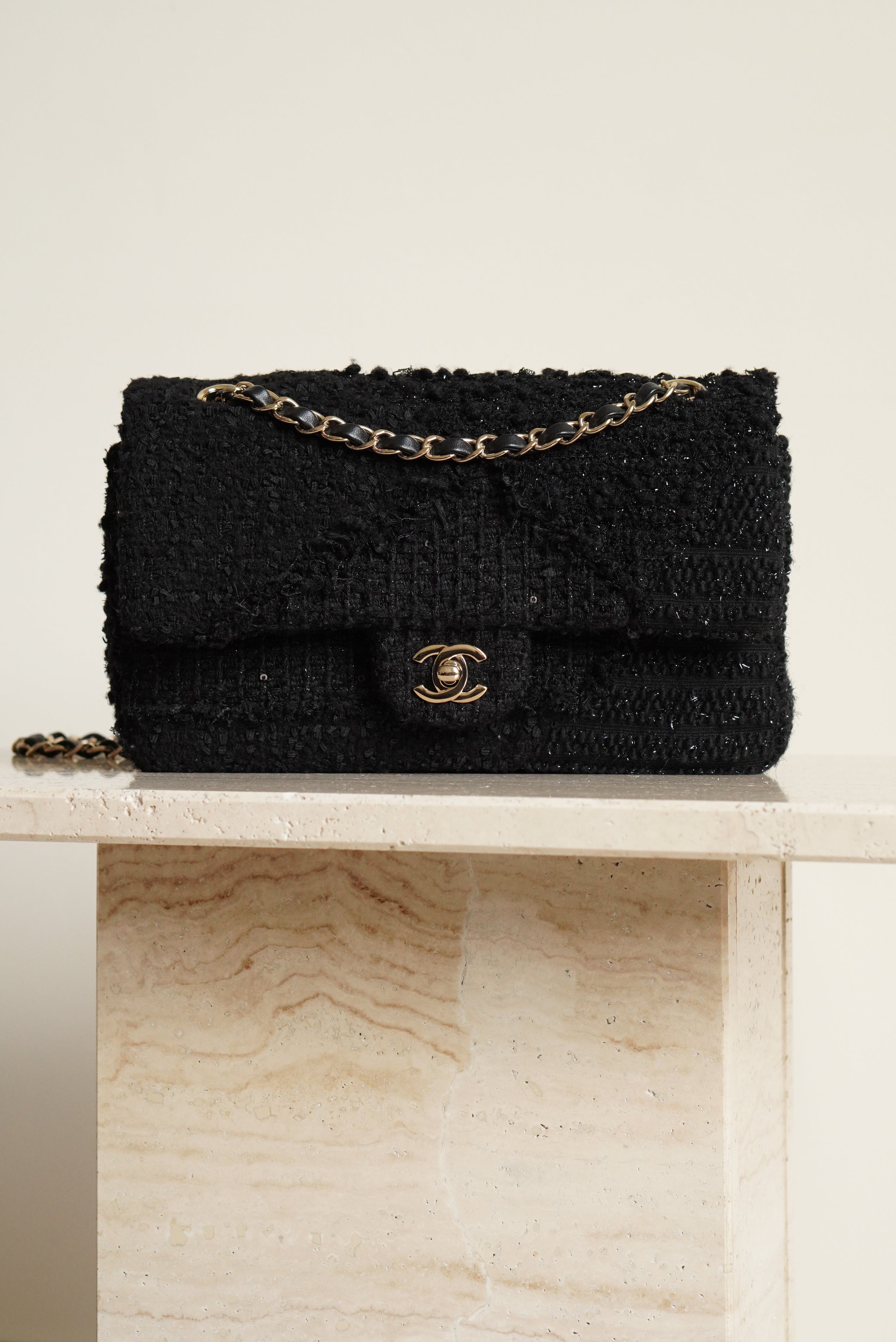 CHANEL CLASSIC MEDIUM DOUBLE FLAP | BLACK TWEED PATCHWORK