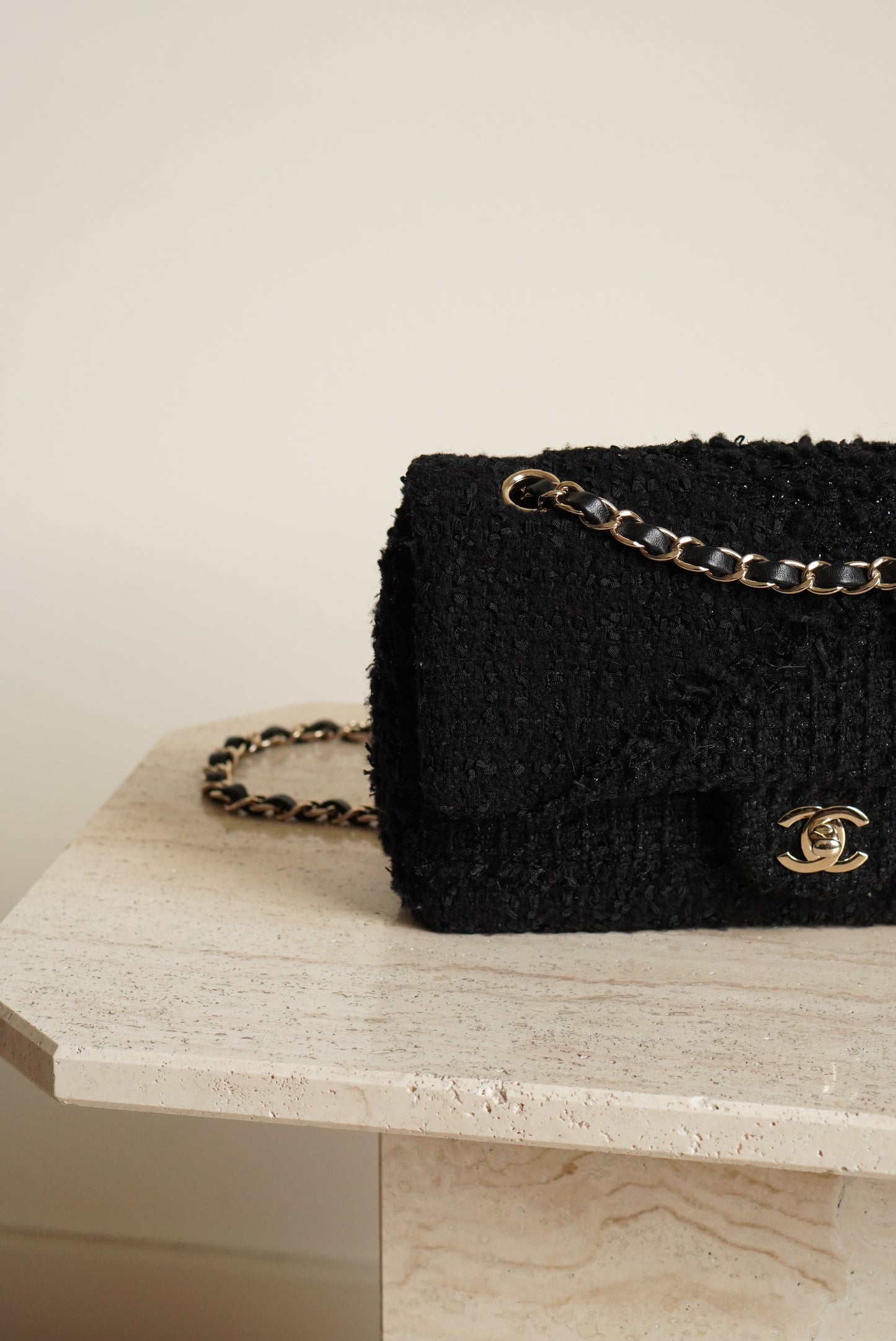 CHANEL CLASSIC MEDIUM DOUBLE FLAP | BLACK TWEED PATCHWORK