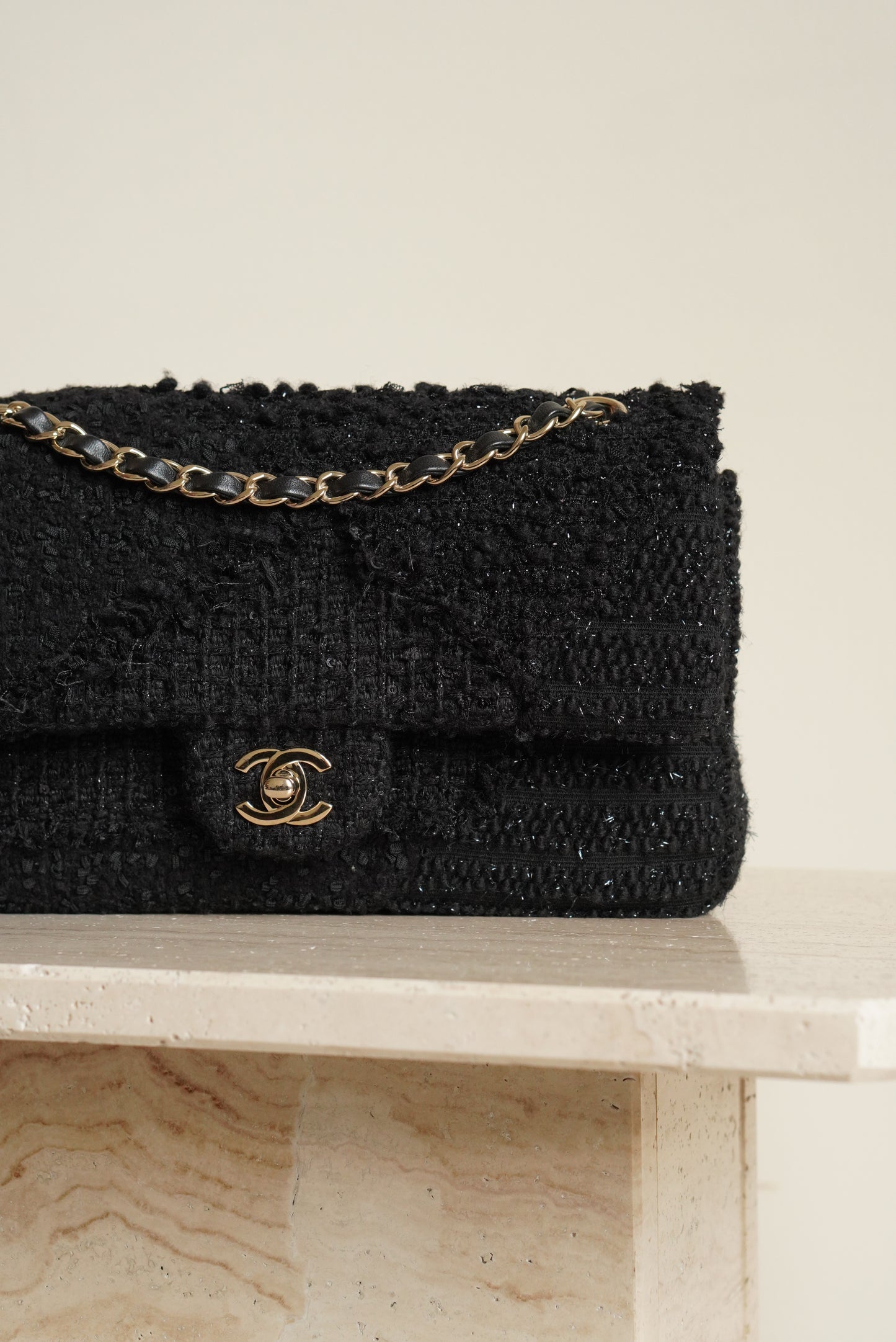 CHANEL CLASSIC MEDIUM DOUBLE FLAP | BLACK TWEED PATCHWORK