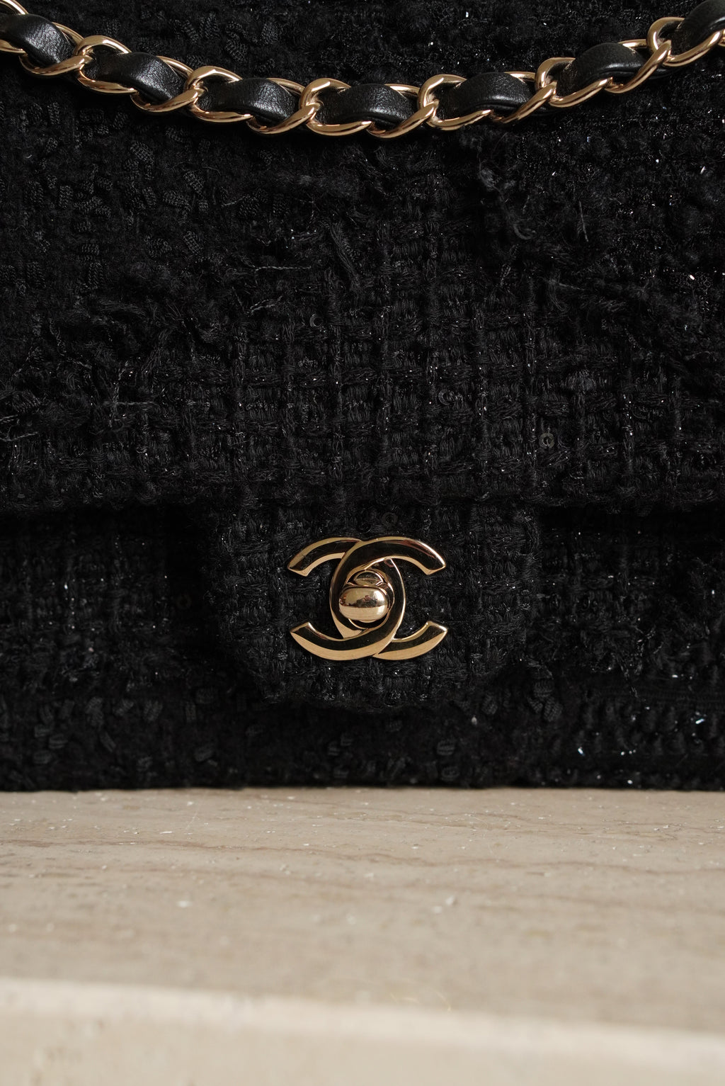 CHANEL CLASSIC MEDIUM DOUBLE FLAP | BLACK TWEED PATCHWORK