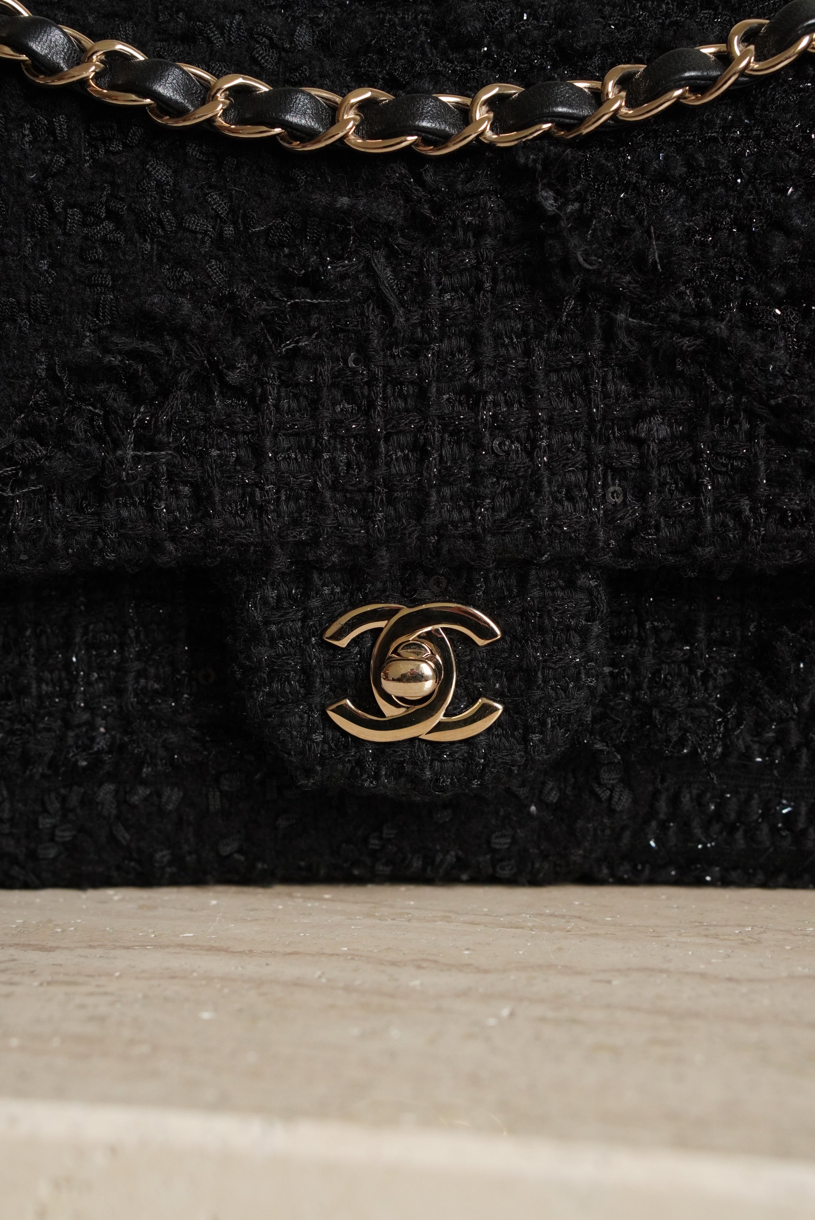 CHANEL CLASSIC MEDIUM DOUBLE FLAP | BLACK TWEED PATCHWORK