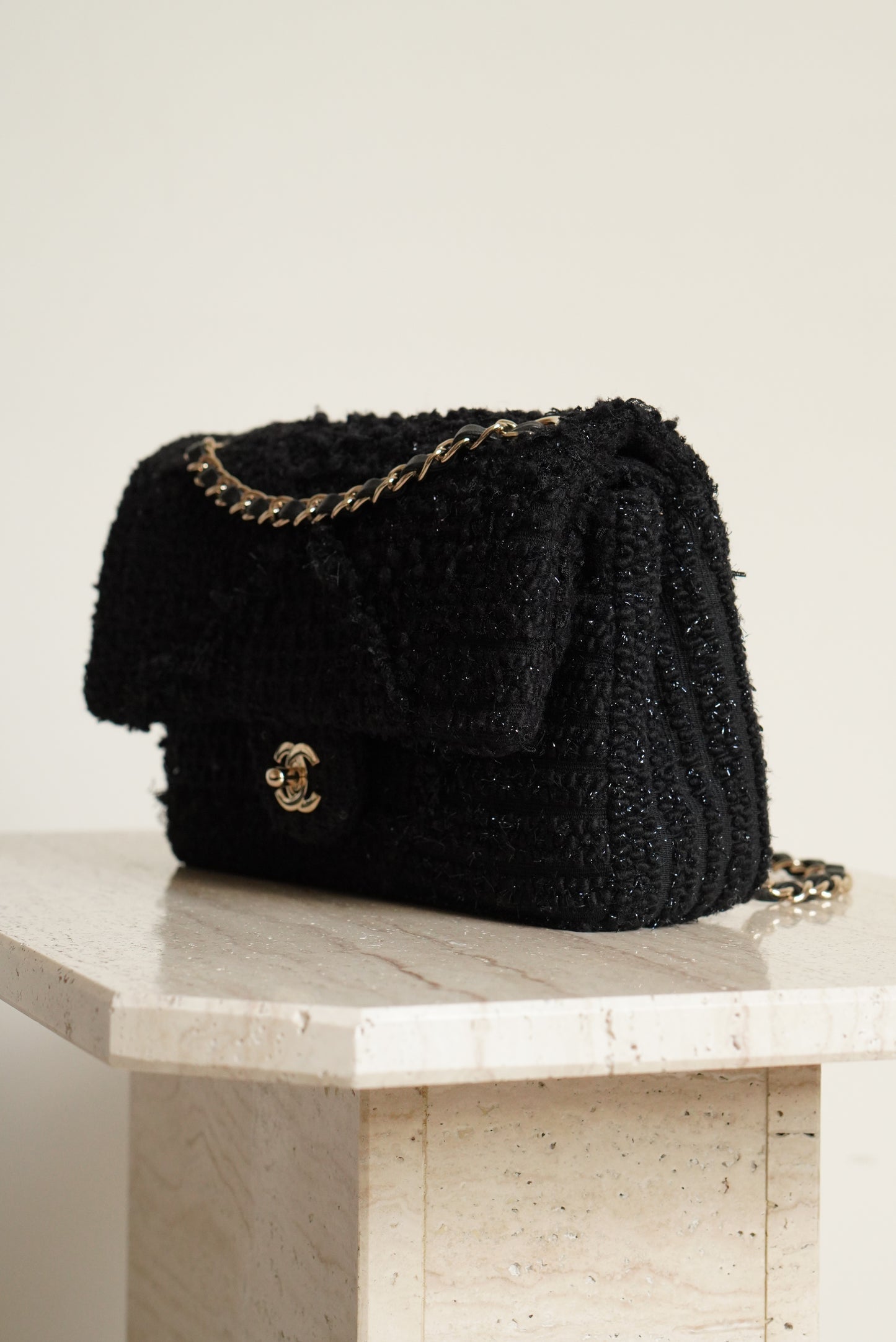 CHANEL CLASSIC MEDIUM DOUBLE FLAP | BLACK TWEED PATCHWORK