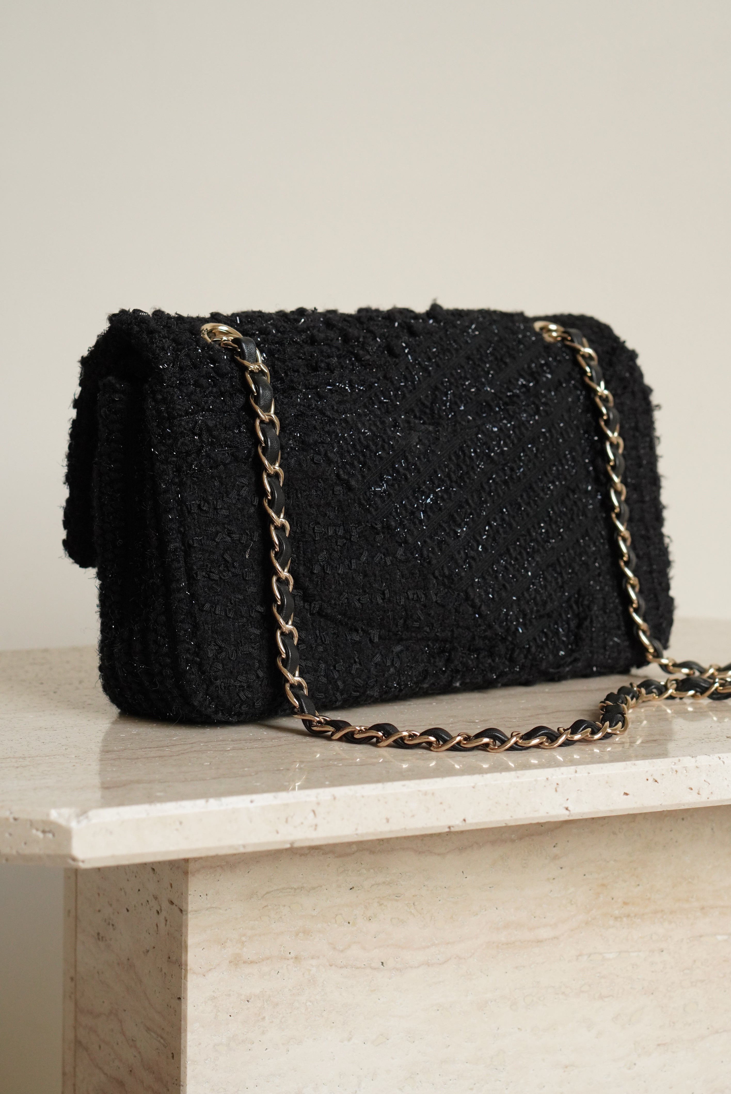 CHANEL CLASSIC MEDIUM DOUBLE FLAP | BLACK TWEED PATCHWORK