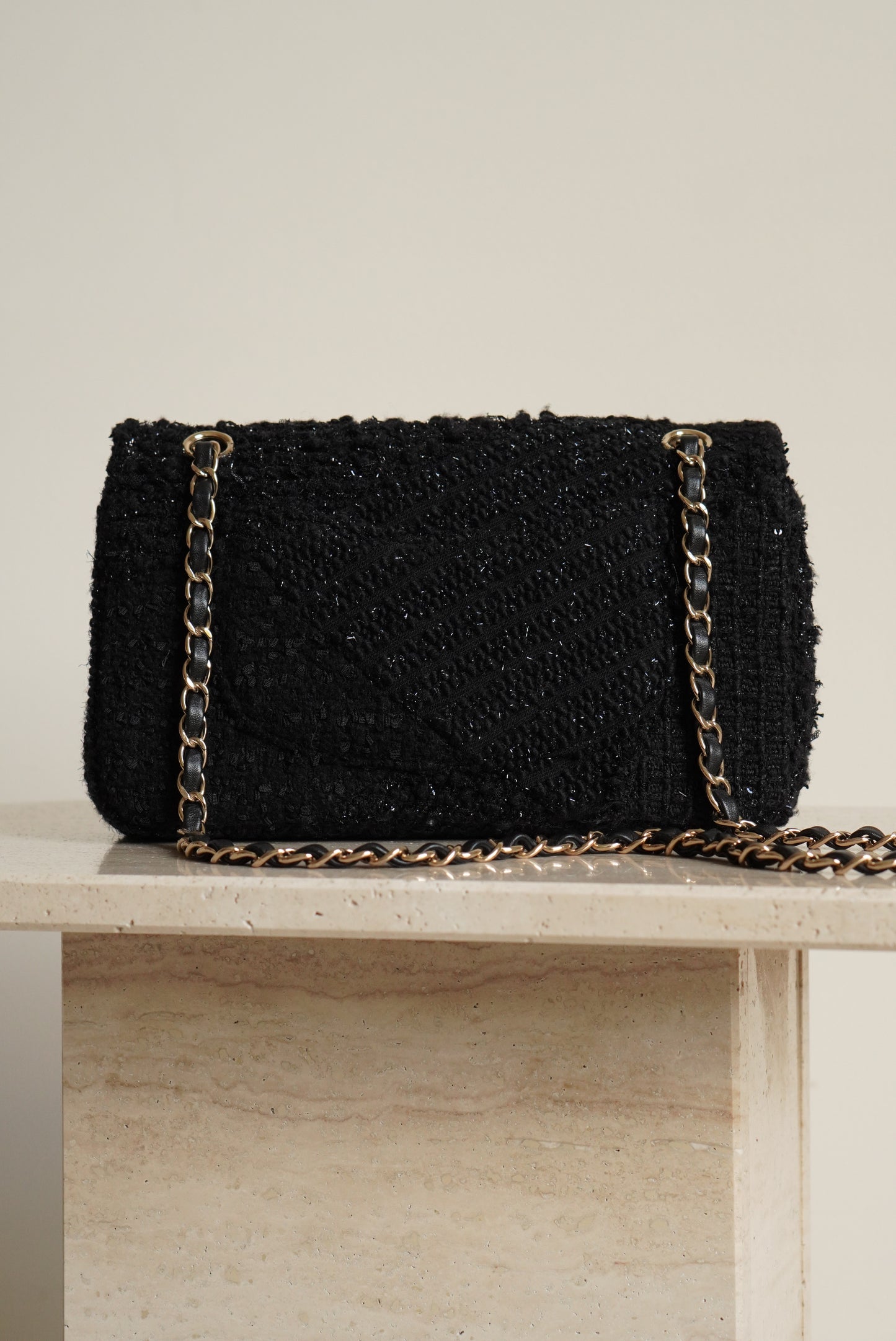 CHANEL CLASSIC MEDIUM DOUBLE FLAP | BLACK TWEED PATCHWORK