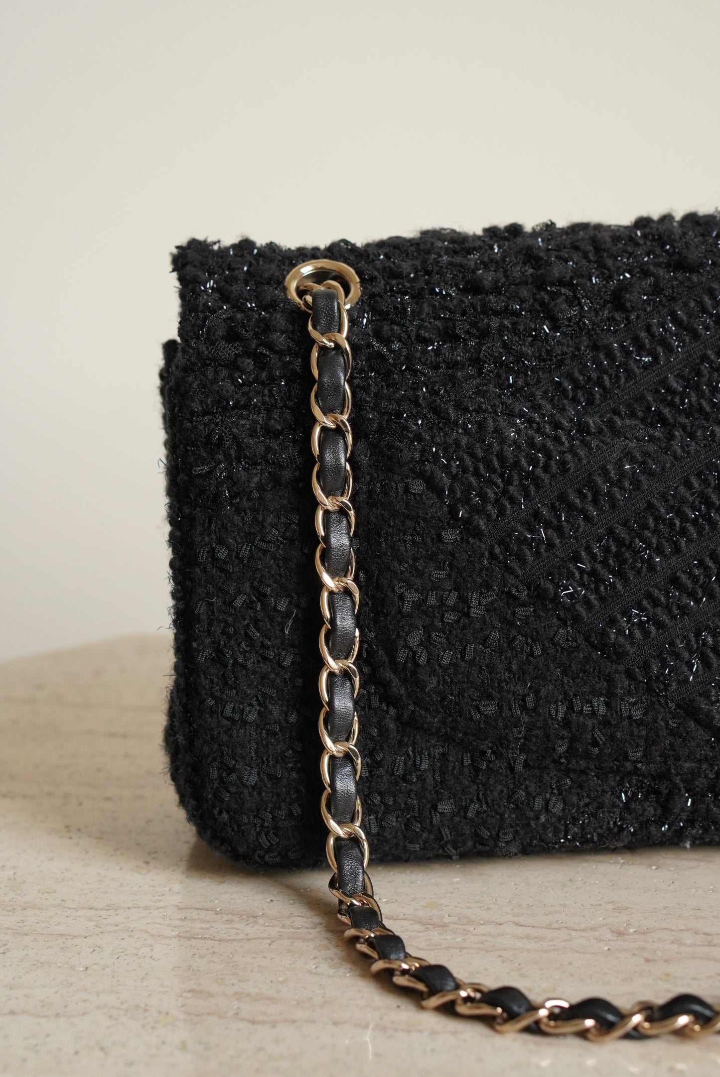 CHANEL CLASSIC MEDIUM DOUBLE FLAP | BLACK TWEED PATCHWORK