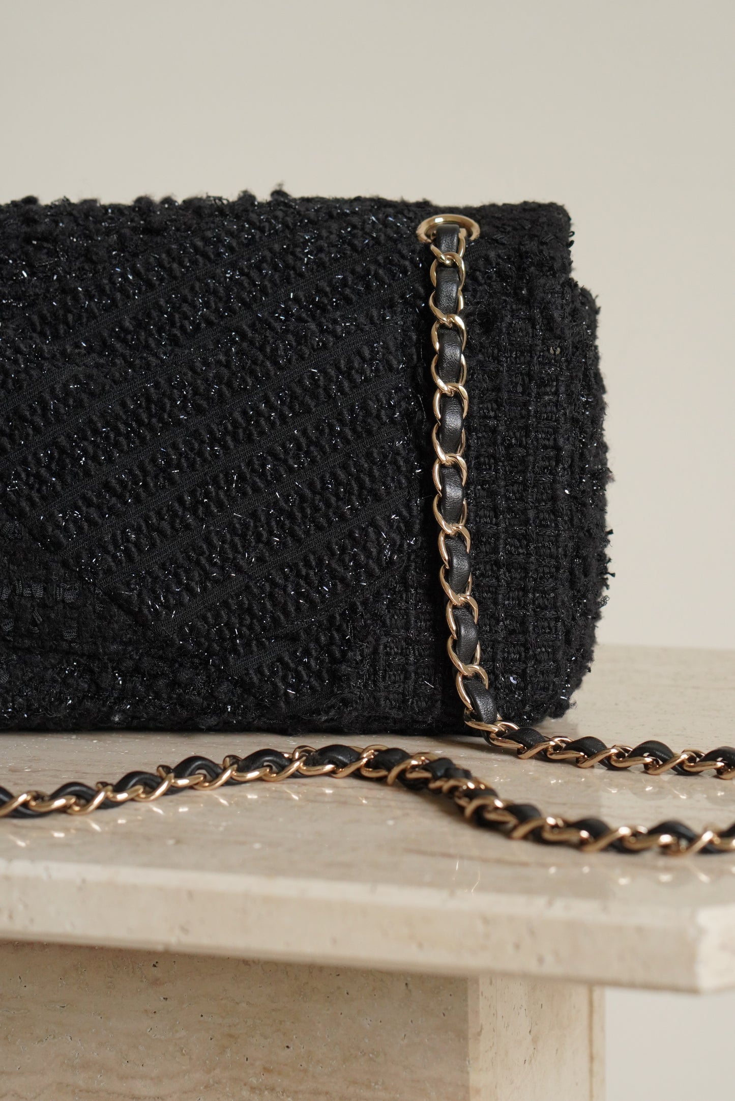 CHANEL CLASSIC MEDIUM DOUBLE FLAP | BLACK TWEED PATCHWORK