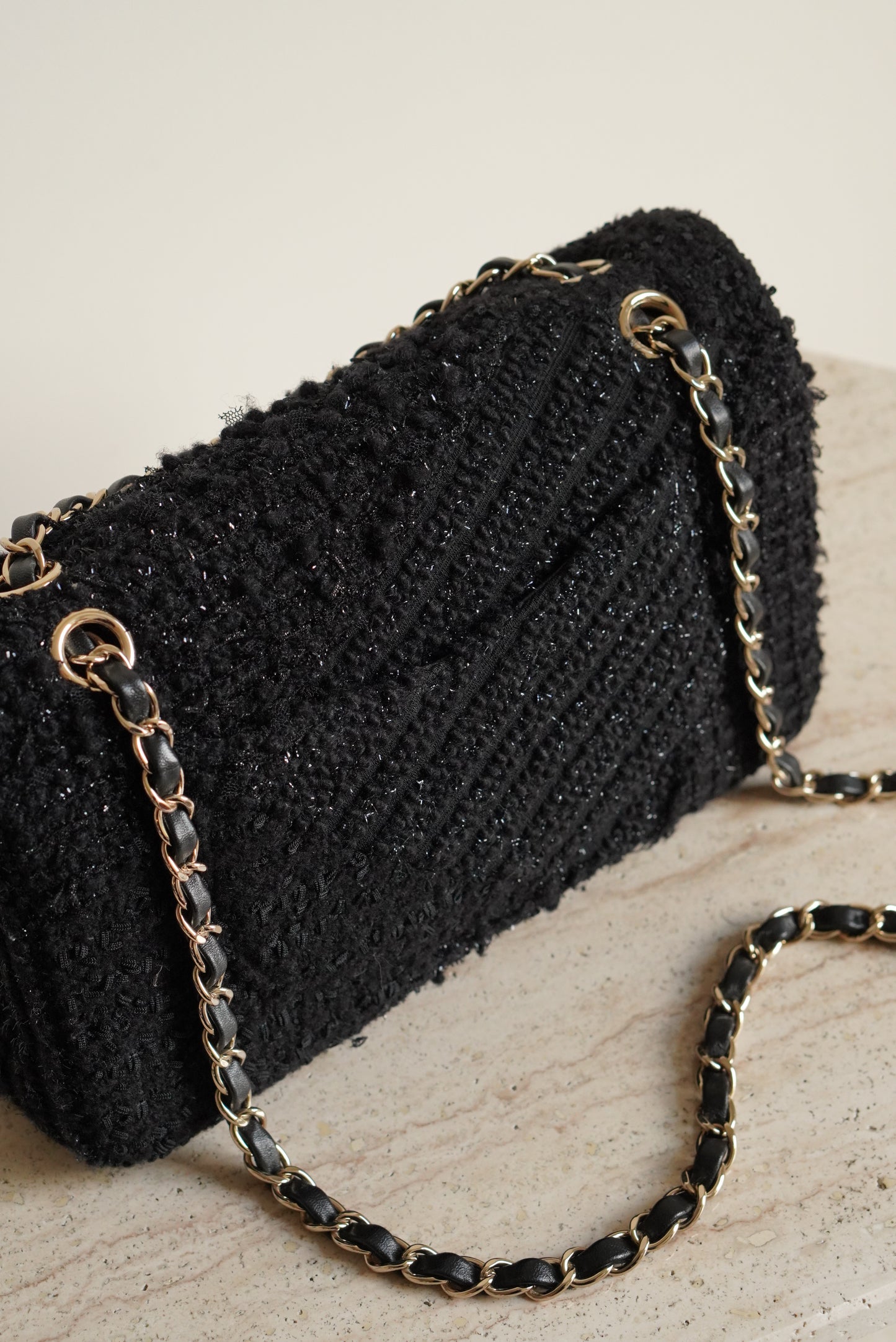CHANEL CLASSIC MEDIUM DOUBLE FLAP | BLACK TWEED PATCHWORK