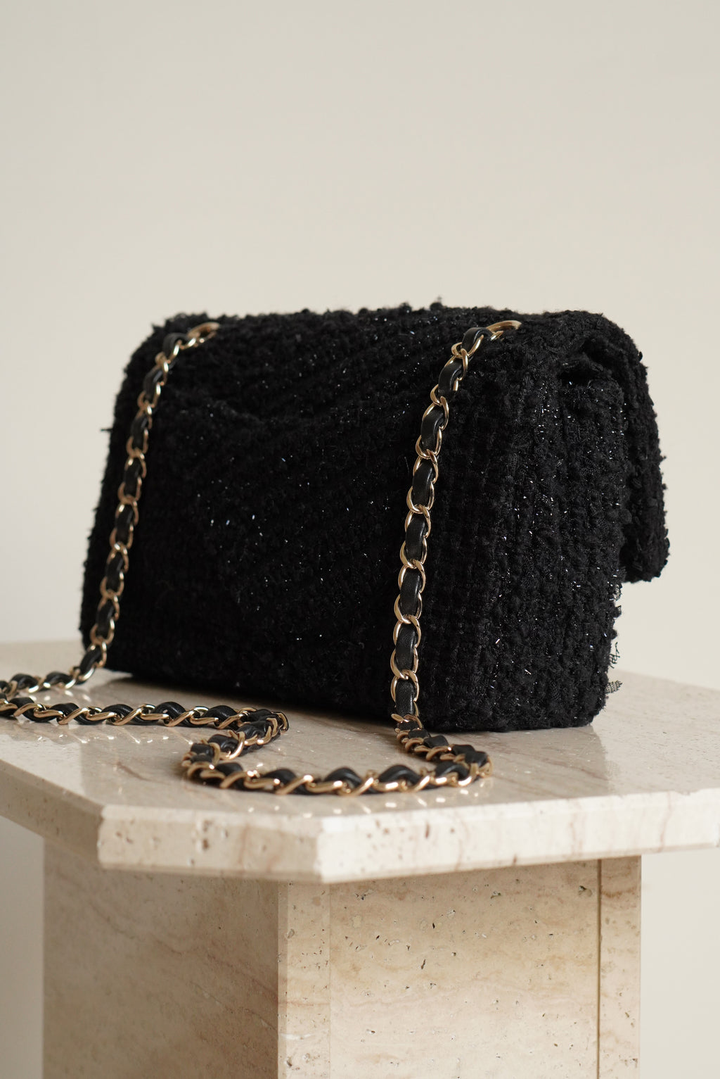 CHANEL CLASSIC MEDIUM DOUBLE FLAP | BLACK TWEED PATCHWORK