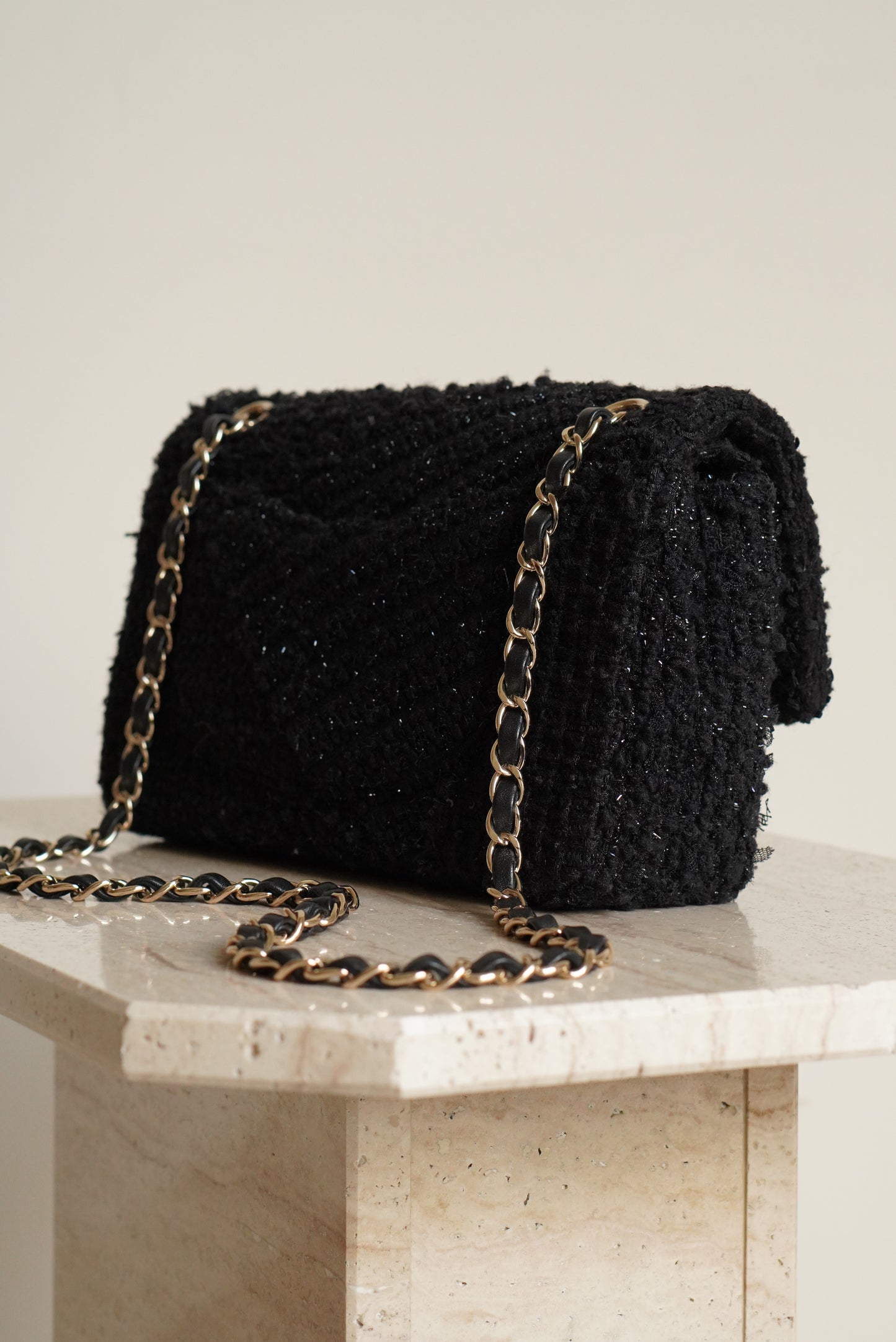 CHANEL CLASSIC MEDIUM DOUBLE FLAP | BLACK TWEED PATCHWORK