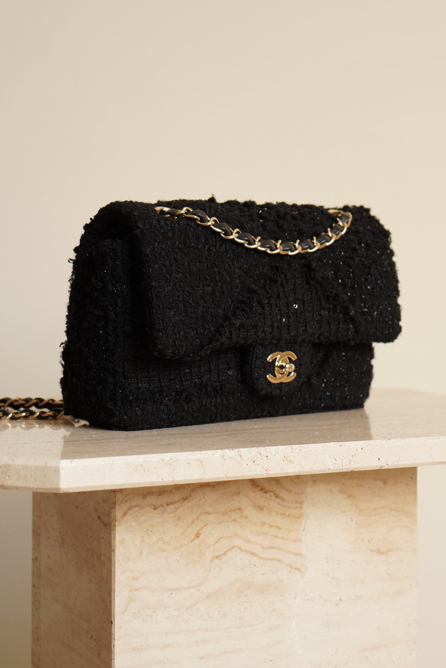 CHANEL CLASSIC MEDIUM DOUBLE FLAP | BLACK TWEED PATCHWORK