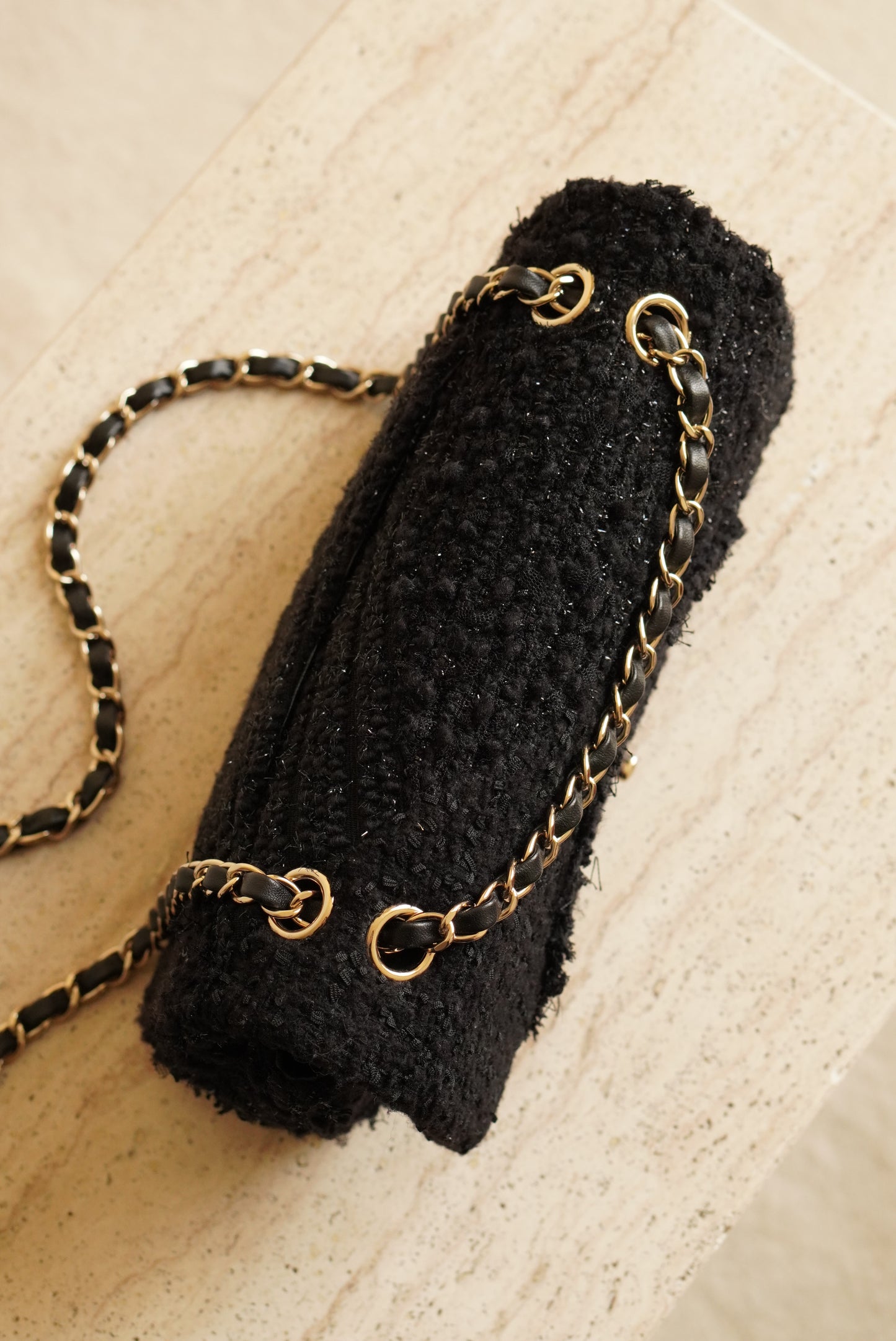 CHANEL CLASSIC MEDIUM DOUBLE FLAP | BLACK TWEED PATCHWORK