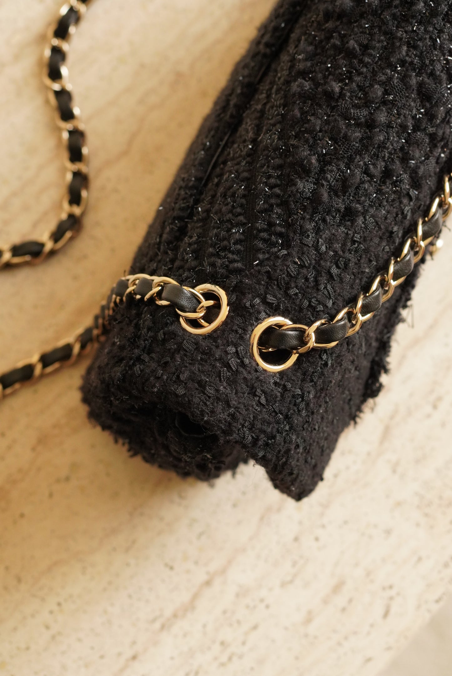 CHANEL CLASSIC MEDIUM DOUBLE FLAP | BLACK TWEED PATCHWORK