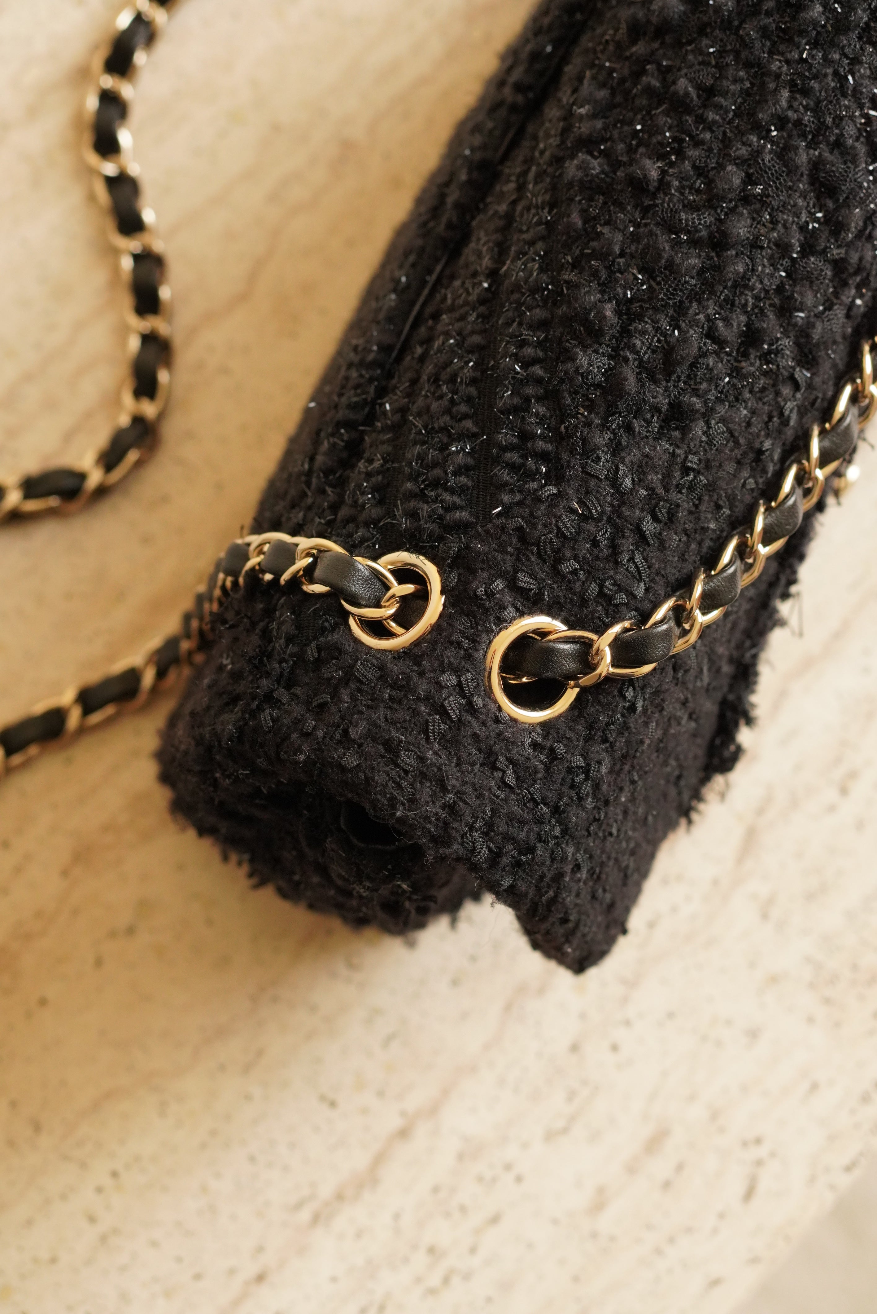 CHANEL CLASSIC MEDIUM DOUBLE FLAP | BLACK TWEED PATCHWORK