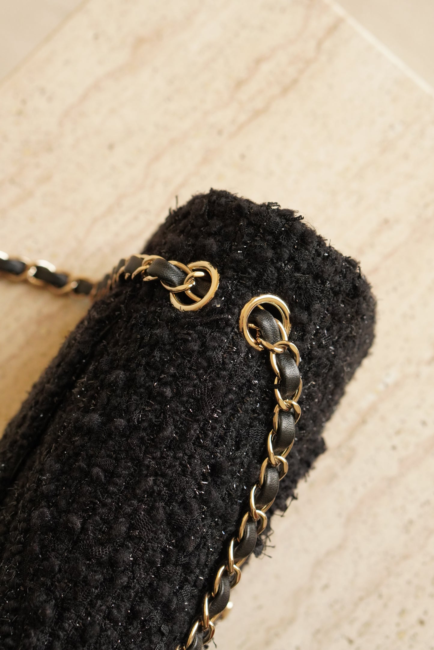 CHANEL CLASSIC MEDIUM DOUBLE FLAP | BLACK TWEED PATCHWORK