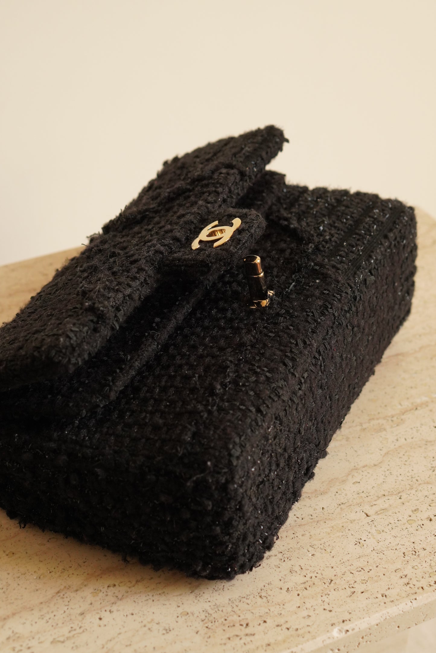 CHANEL CLASSIC MEDIUM DOUBLE FLAP | BLACK TWEED PATCHWORK