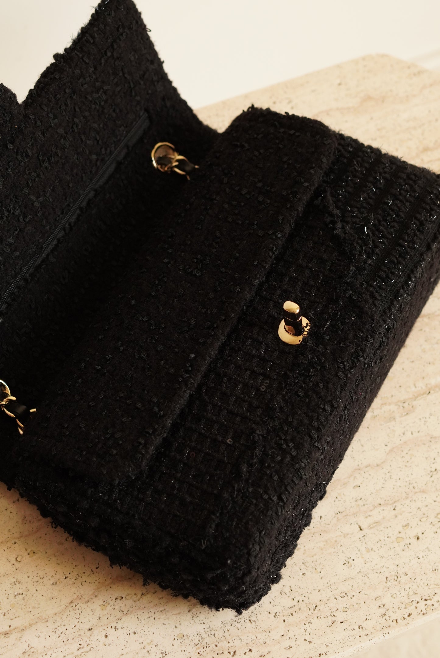CHANEL CLASSIC MEDIUM DOUBLE FLAP | BLACK TWEED PATCHWORK