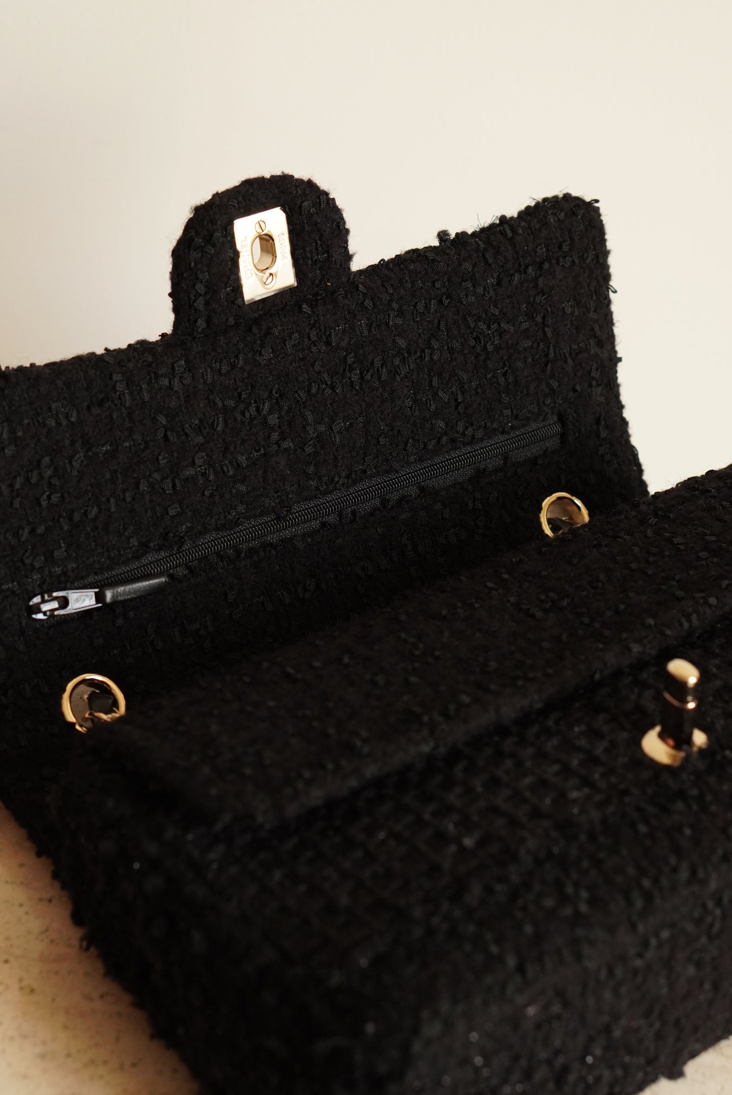 CHANEL CLASSIC MEDIUM DOUBLE FLAP | BLACK TWEED PATCHWORK