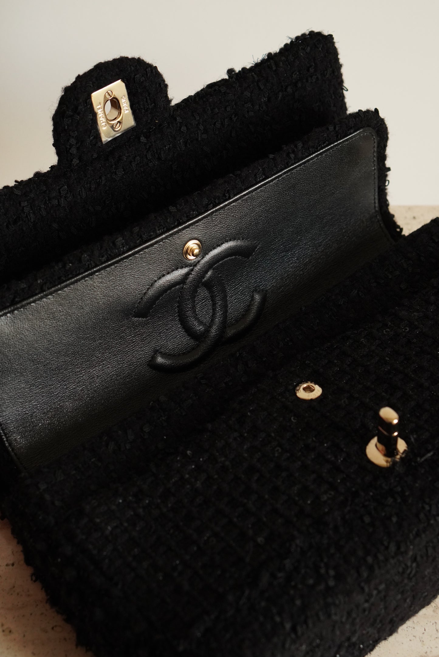 CHANEL CLASSIC MEDIUM DOUBLE FLAP | BLACK TWEED PATCHWORK
