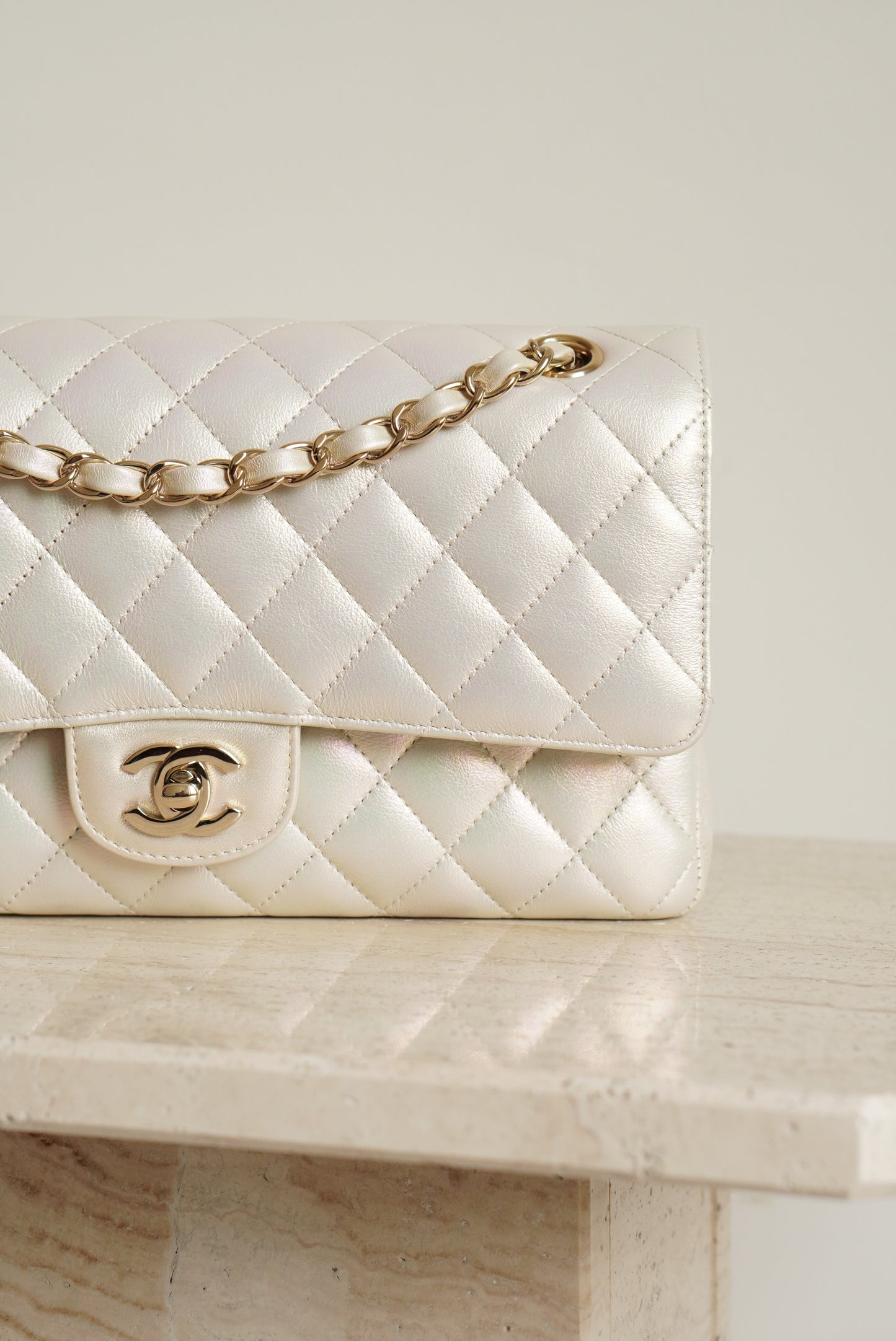 CHANEL CLASSIC MEDIUM DOUBLE FLAP | IRIDESCENT IVORY